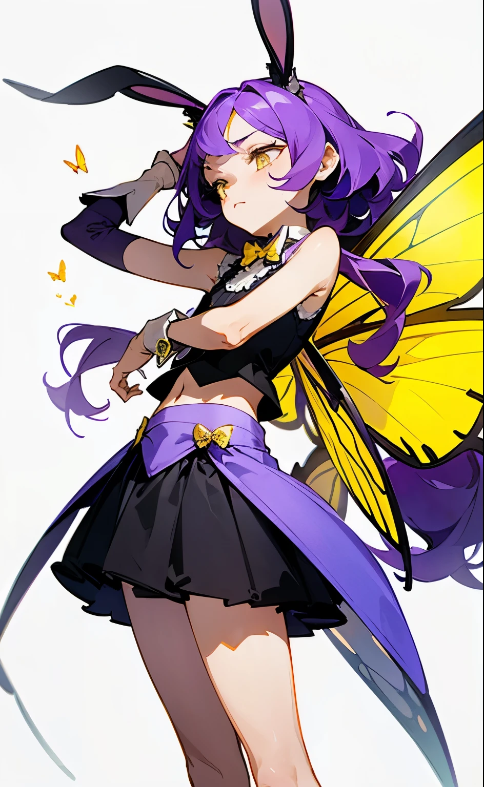 white background, top-quality, character design, concept art, 1girl, androgynous, sleepy girl, sheer blouse, magical fairy, revealing butler outfit, cropped tailcoat, boyish clothes, sleeveless tailcoat, (genshin character:0.8), boyish features, (exposed midriff), white rabbit ears, tired yellow eyes, half-lidded eyes, fairy, purple hair, flat bangs, wavy long hair, (yellow insect fairy wings:1.3), tired, young, dynamic resting pose, fantasy
