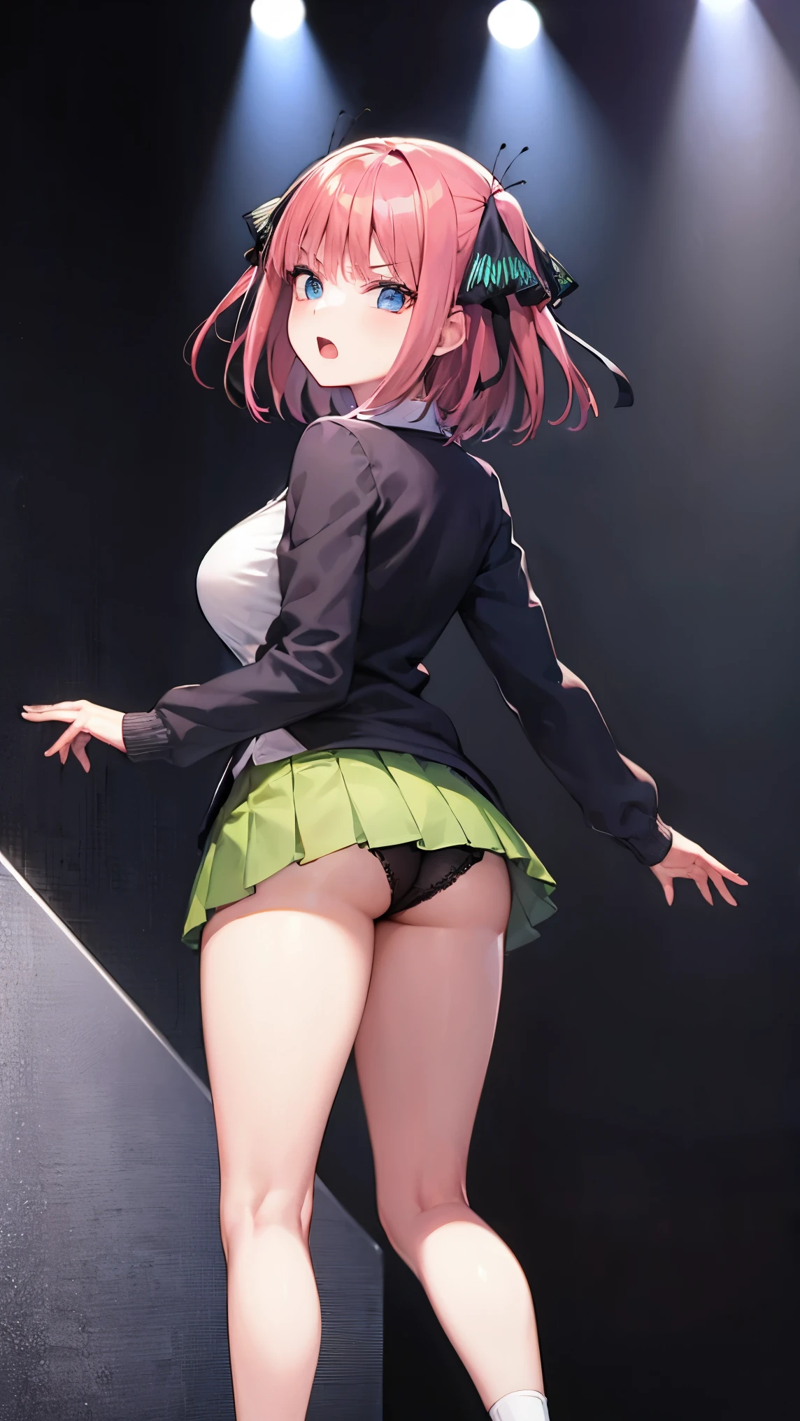 highest quality、one girl、、full body figure,big boobs、big 、perfect five fingered hand、Nino Nakano、angry face、perfect thing、big breasts、perfect arms、perfect legs、detailed description、small details、detailed face、white skin、plump legs、stage、stageを上がる、back view、look back、turn around、Pose that emphasizes the buttocks、black lace panties、I can see your panties、Skirt flip、lift skirt、nino nakano, short hair, bangs, blue eyes, hair ornament, hair ribbon, pink hair, blunt bangs, two side up, butterfly hair ornament,skirt, shirt, long sleeves, white shirt, pleated skirt, open clothes, collared shirt, sleeves past wrists, dress shirt, cardigan, green skirt, open cardigan, black cardigan,white thighs socks、erotic pose