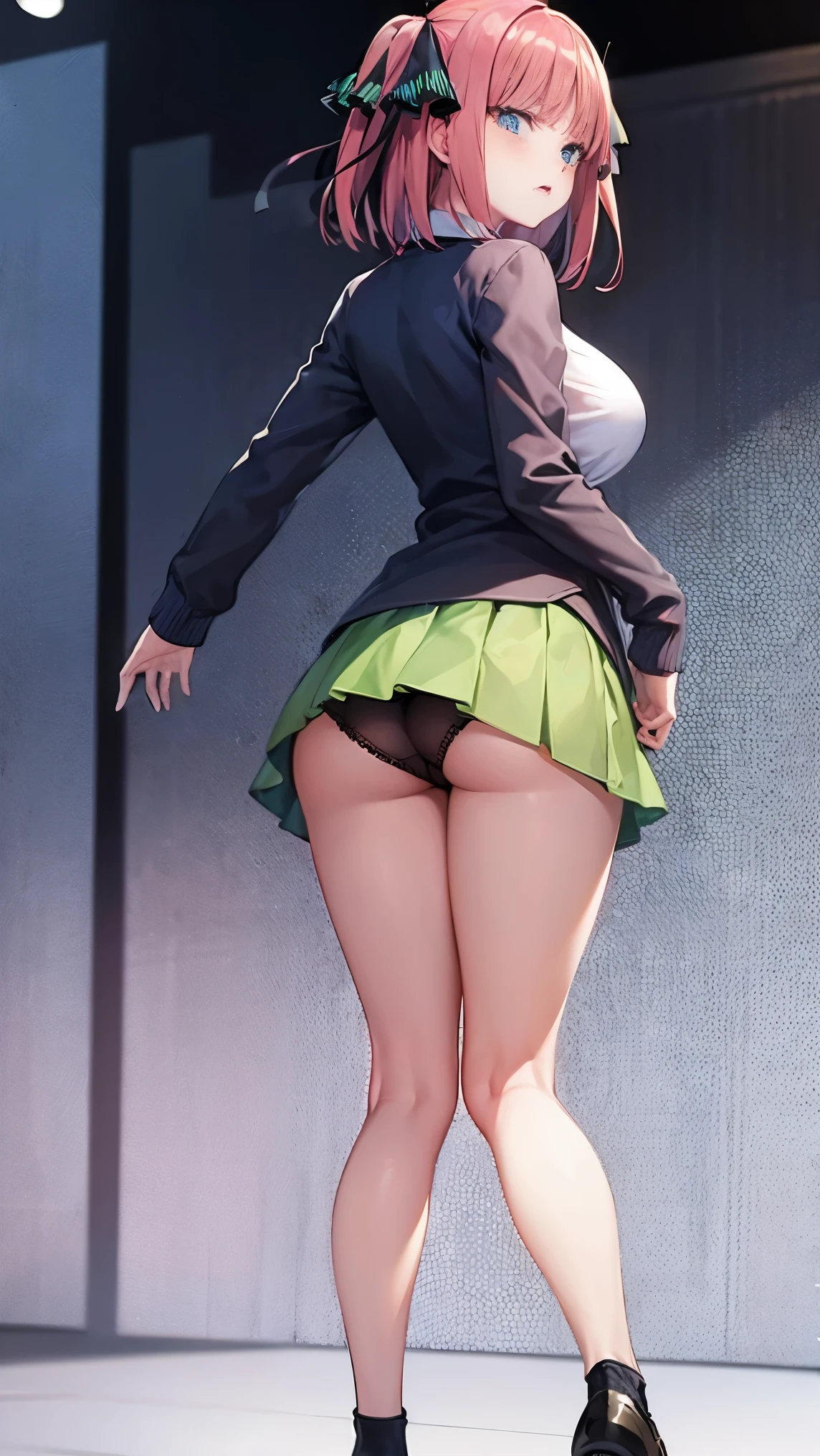 highest quality、one girl、、full body figure,big boobs、big 、perfect five fingered hand、Nino Nakano、angry face、perfect thing、big breasts、perfect arms、perfect legs、detailed description、small details、detailed face、white skin、plump legs、stage、stageを上がる、back view、look back、turn around、Pose that emphasizes the buttocks、black lace panties、I can see your panties、Skirt flip、lift skirt、nino nakano, short hair, bangs, blue eyes, hair ornament, hair ribbon, pink hair, blunt bangs, two side up, butterfly hair ornament,skirt, shirt, long sleeves, white shirt, pleated skirt, open clothes, collared shirt, sleeves past wrists, dress shirt, cardigan, green skirt, open cardigan, black cardigan,white thighs socks、erotic pose