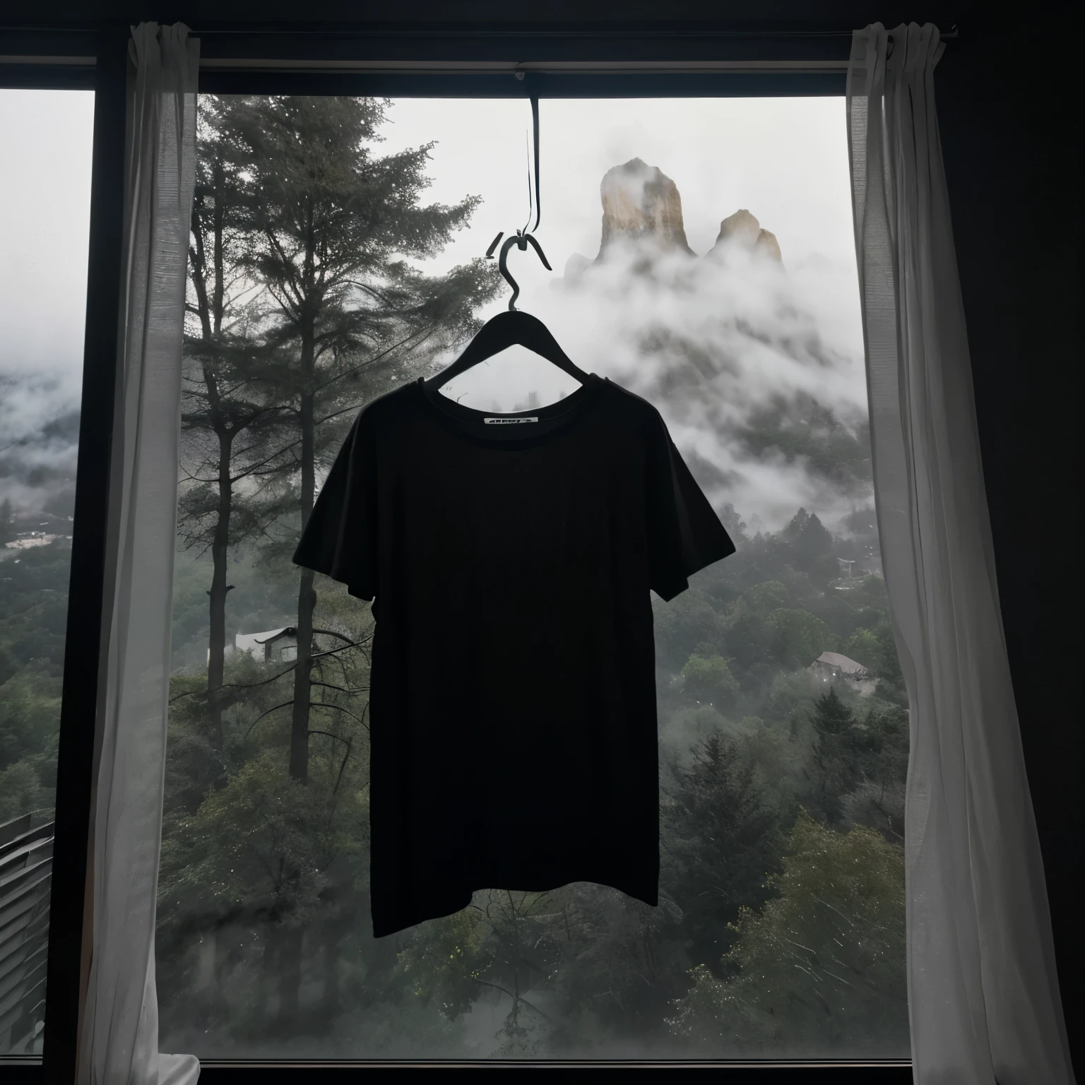 A black t-shirt on a hanger hanging in front of a window of a modern mansion Hidden in the middle of the trees with a view of the mountains on a foggy day, Black Aesthetic