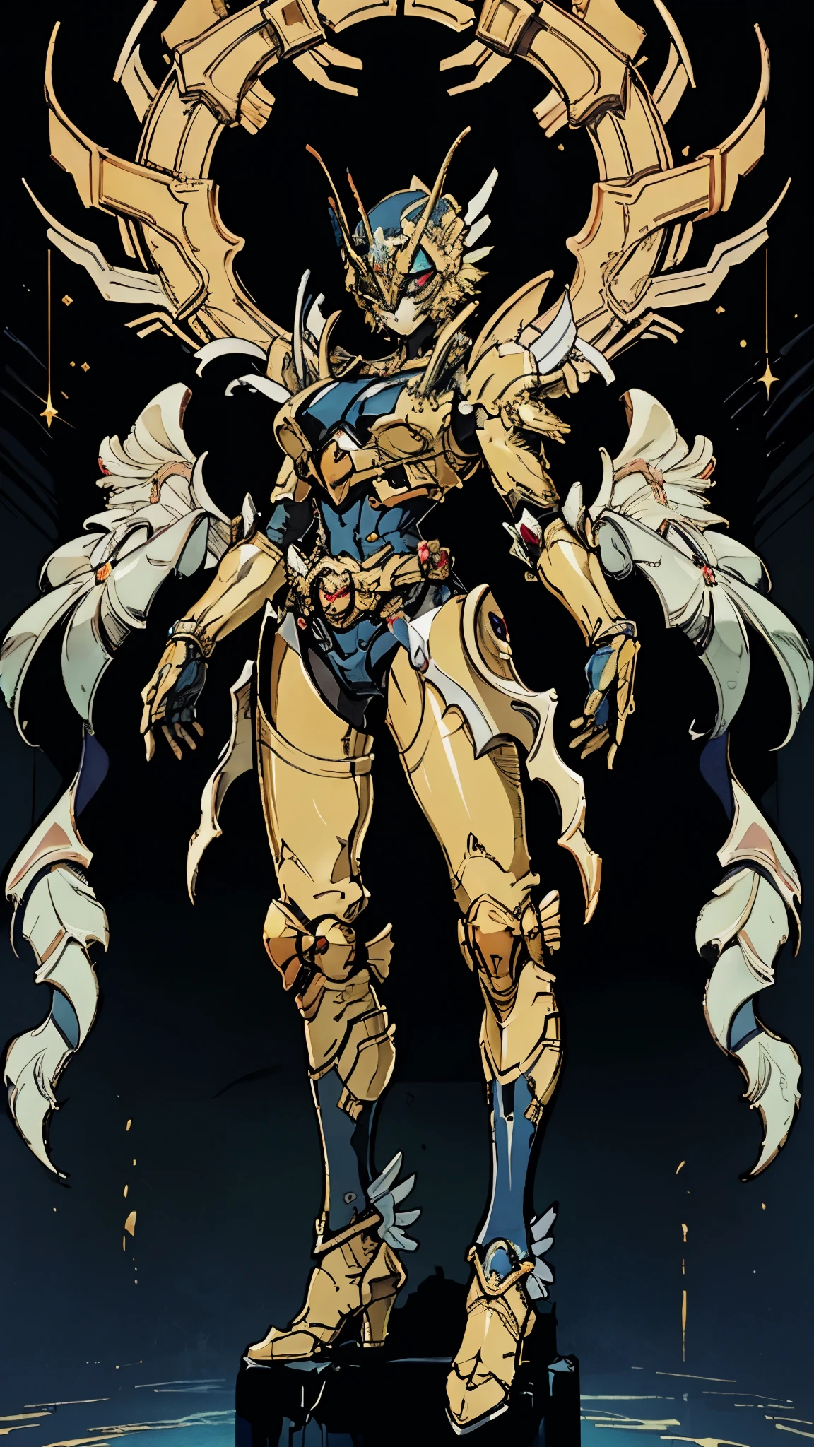 A woman adorned in fantasy-style full-body armor, a crown-concept fully enclosed helmet that unveils only her eyes, a composite layered chest plate, fully encompassing shoulder and hand guards, a lightweight waist armor, form-fitting shin guards, the overall design is heavy-duty yet flexible, (the armor gleams with a golden glow, complemented by red and blue accents), exhibiting a noble aura, she floats above a fantasy-surreal high-tech city, this character embodies a finely crafted fantasy-surreal style armored hero in anime style, exquisite and mature manga art style, (mixture of Queen bee and Spider concept Armor, plasma), ((Element, elegant, goddess, femminine:1.5)), metallic, high definition, best quality, highres, ultra-detailed, ultra-fine painting, extremely delicate, professional, anatomically correct, symmetrical face, extremely detailed eyes and face, high quality eyes, creativity, RAW photo, UHD, 32k, Natural light, cinematic lighting, masterpiece-anatomy-perfect, masterpiece:1.5