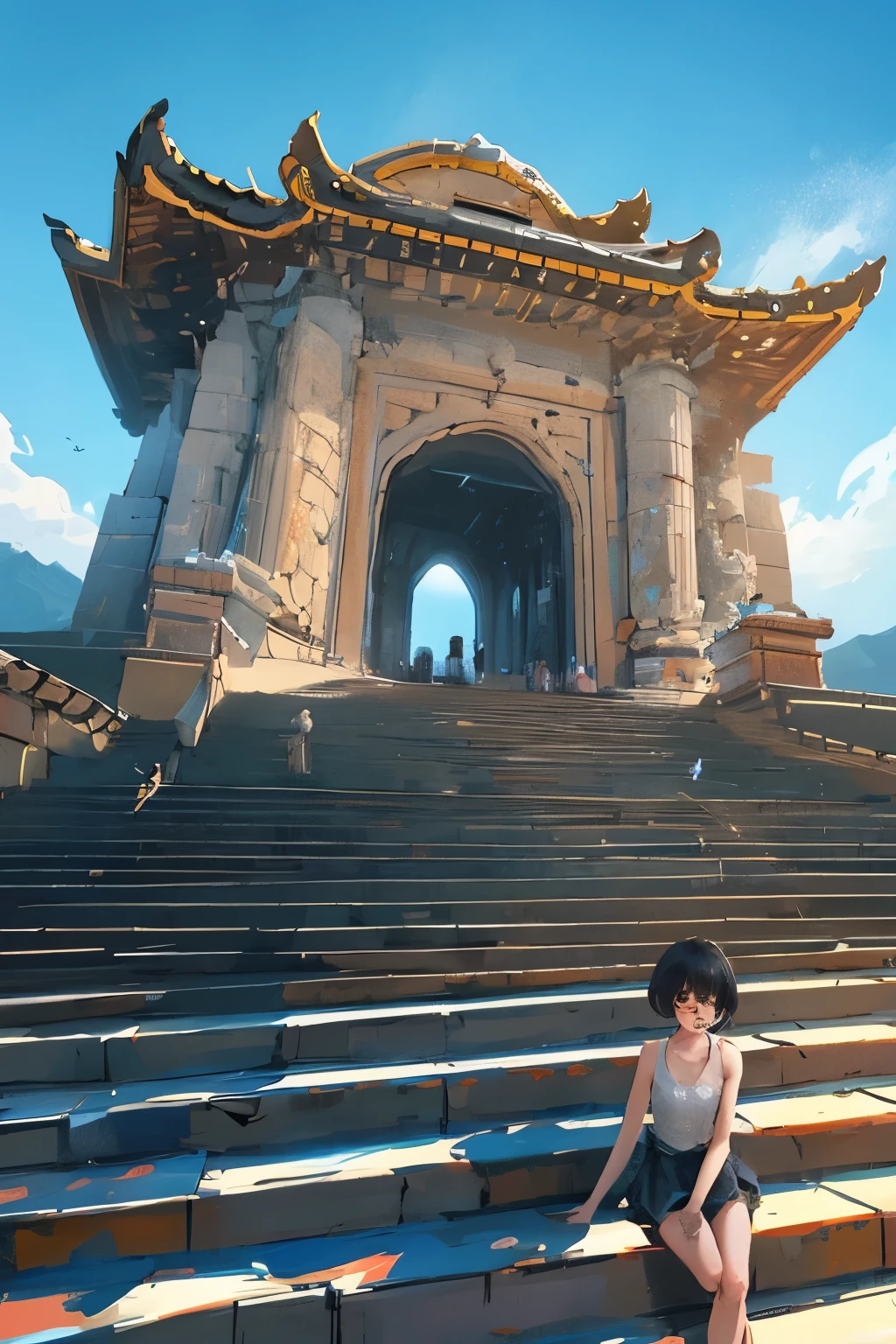 keqingdef, Upper body, Smile, blush, Outdoor activities, sky, simple background, blue sky空, short hair, sky空, temple, looking at the audience, stairs, Mountain, Moody's Lighting, for the audience,