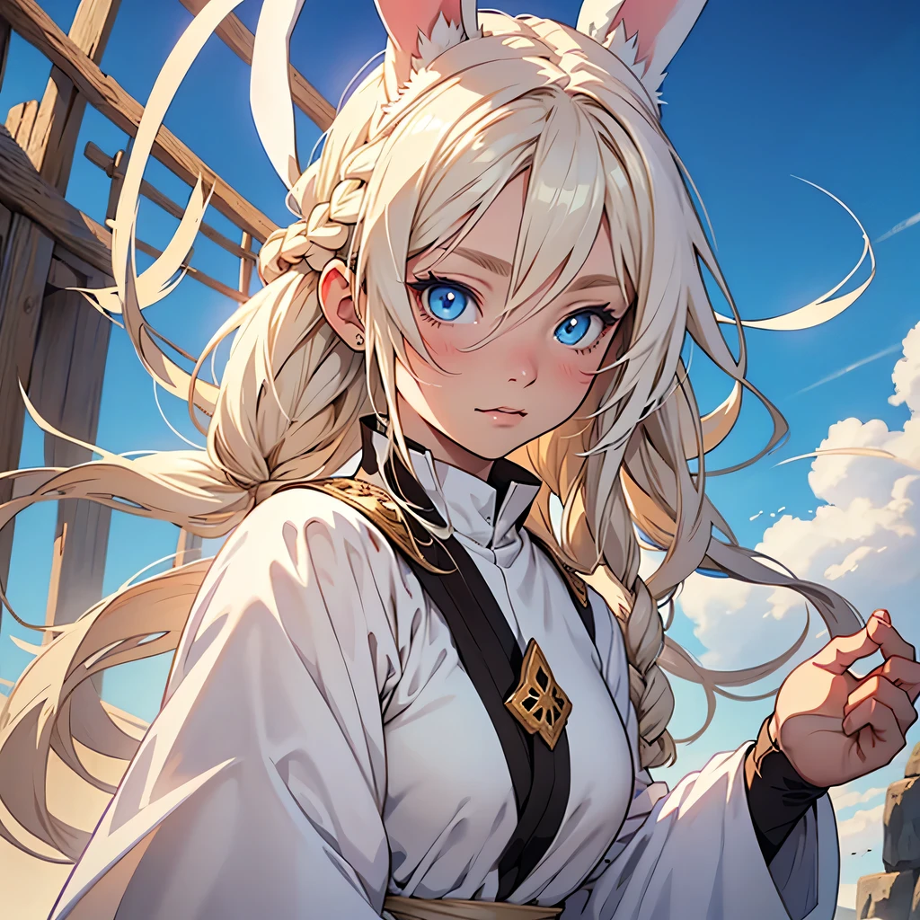 medieval anime art, masterpiece, best quality, by professional artist, female, solo, upper body portrait, detailed composition, detailed eyes, plain white background, bunny ears, cream hair, blue eyes, braided pigtails, young, innocent, childish, wearing white wizard magical clothes