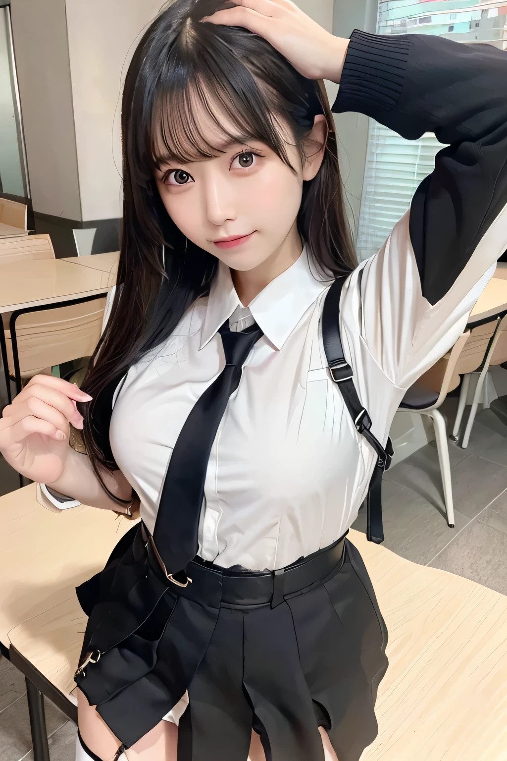 (table top:1.2),high quality,bright colors,flat color,deep i is written in the depth of the world,Lens flare,1 girl,black hair,eye contact,suit,collared shirt,belt bag,suspenders,Professional,office lady,mature woman,black mini skirt　garter belt　knee high　stockings　they are not black　カラコン脇Sweat　Sweat　sides of both hands,black jacket,vision,plump breasts,脇Sweat,expose armpits"Pichi Pichi clothes　middle