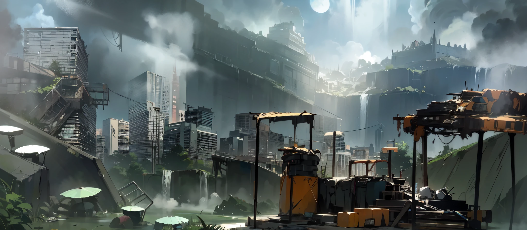(2d fighting game stage), there are rubble platforms in a huge crater in the middle of tokyo, screenshot of a 2d platformer game, road collapsed in the crater, collapsed building in the background, open sewage, sewage water, waterfall, metroidvania background, post-apocalyptic Tokyo, many plants, sci-fi scenery, scenic dystopian environment, scenery game concept art, digital concept art of dystopian, anime scenery concept art, dystopian environment, concept art, concept art, outdoors ruined cityscape, urban concept art, painted as a game concept art, concept art for a video game, dystopian landscape, (2d fighting game stage), dystopian background