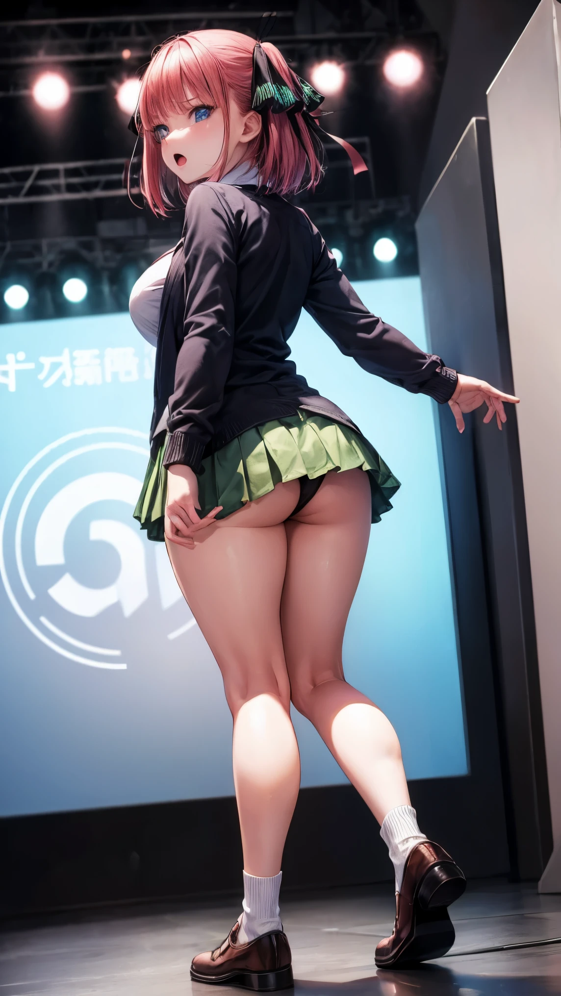 highest quality、one girl、、full body figure,big boobs、big 、perfect five fingered hand、Nino Nakano,angry face、perfect thing、big breasts、perfect arms、perfect legs、detailed description、small details、detailed face、white skin、plump legs、stage、stageを上がる、back view、look back、turn around、Pose that emphasizes the buttocks、black lace panties、I can see your panties、Skirt flip、lift skirt、nino nakano, short hair, bangs, blue eyes, hair ornament, hair ribbon, pink hair, blunt bangs, two side up, butterfly hair ornament,skirt, shirt, long sleeves, white shirt, pleated skirt, open clothes, collared shirt, sleeves past wrists, dress shirt, cardigan, green skirt, open cardigan, black cardigan,white thighs socks、erotic pose