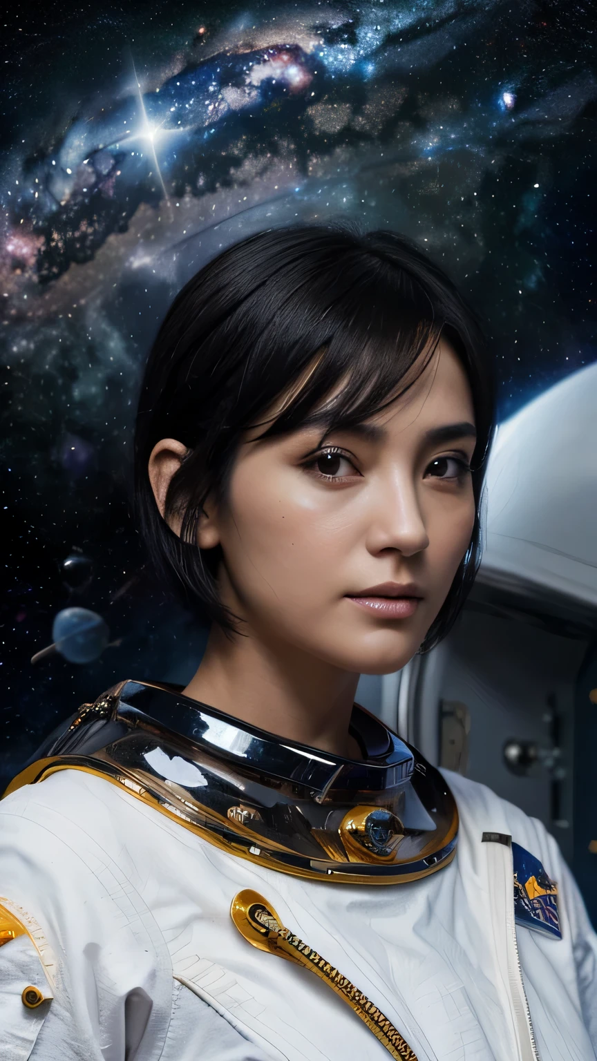 (((space background))), (highest resolution, clear_image), highest quality, masterpiece, very detailed, semi-realistic, woman with shoulder-length black hair, black eye, mature, mature woman, emperor&#39;Sister of, sexy, short hair, triple bang, uniformを着た兵士, uniform, front line of fighter jets, future, SF, (((space background))),