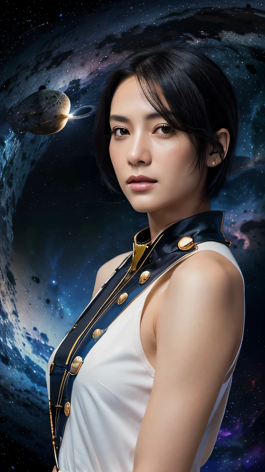 (((space background))), (highest resolution, clear_image), highest quality, masterpiece, very detailed, semi-realistic, woman with shoulder-length black hair, black eye, mature, mature woman, emperor'Sister of, sexy, short hair, triple bang, uniformを着た兵士, uniform, front line of fighter jets, future, SF, (((space background))),