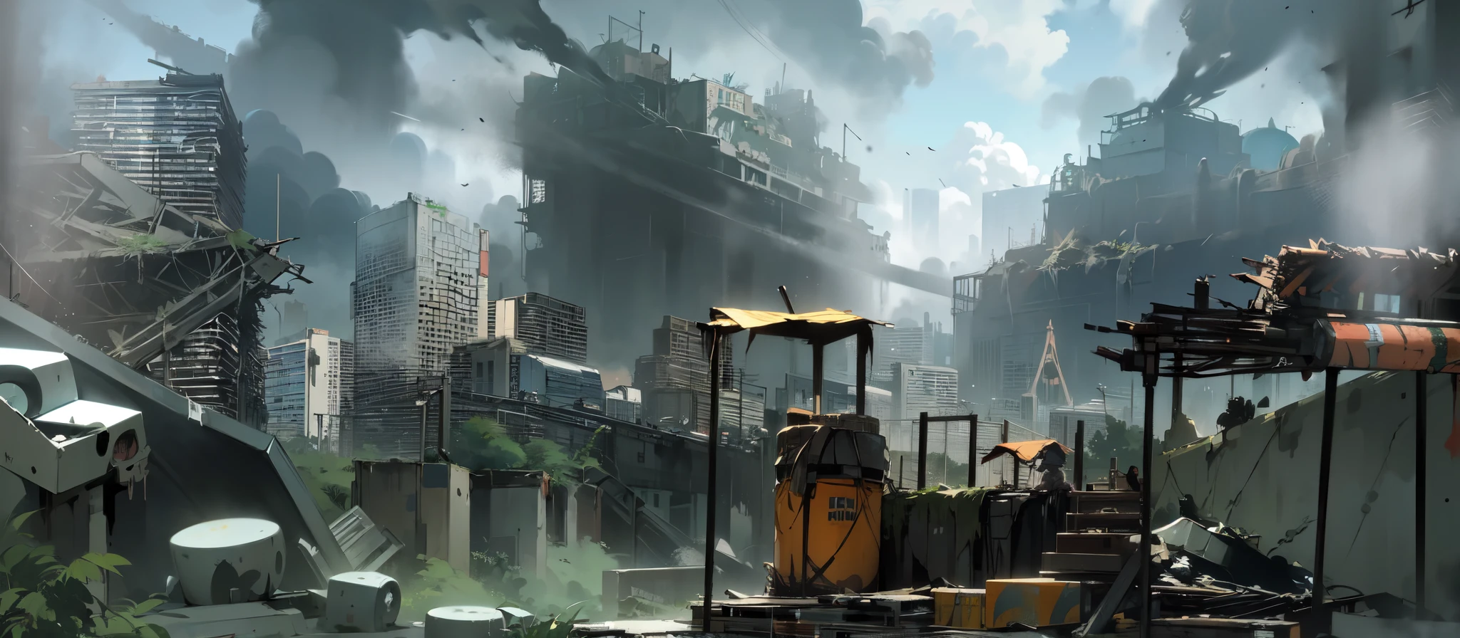 (2d fighting game stage), there are rubble platforms in a huge crater in the middle of tokyo, screenshot of a 2d platformer game, road collapsed in the crater, collapsed building in the background, open sewage, sewage water, waterfall, metroidvania background, post-apocalyptic Tokyo, many plants, sci-fi scenery, scenic dystopian environment, scenery game concept art, digital concept art of dystopian, anime scenery concept art, dystopian environment, concept art, concept art, outdoors ruined cityscape, urban concept art, painted as a game concept art, concept art for a video game, dystopian landscape, (2d fighting game stage), dystopian background