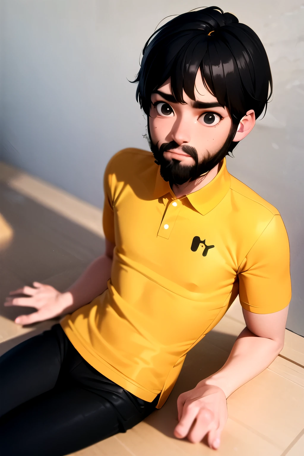 3D Pixar-style image of a young man with black gradient hair black eyes brown skin canary yellow polo shirt drawn beard looking at the camera 