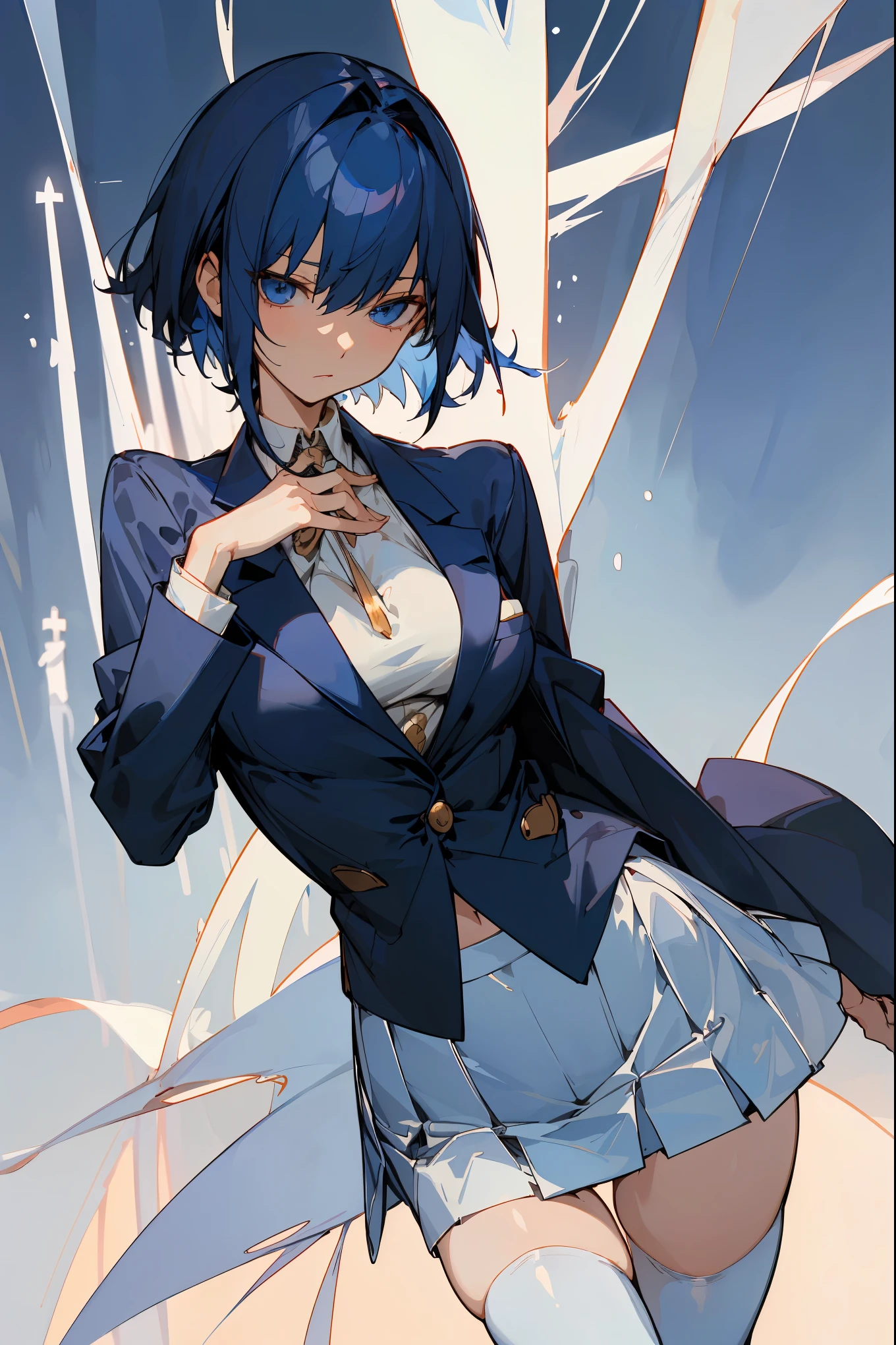 masterpiece,best quality,1woman solo,cowboy shot,20 year old beauty、dark blue hair,short  hair,blue eyes,ideal ratio body proportions,slender body,medium breasts,gleaming skin,Perfect ???????:1.2,歩く,(navy blue blazer jacket,white tight skirt、mini skirt、thigh_gap, white_thighhighs),((繁華街、大通り、都市、雑踏、ネオン、夜間、東京)),