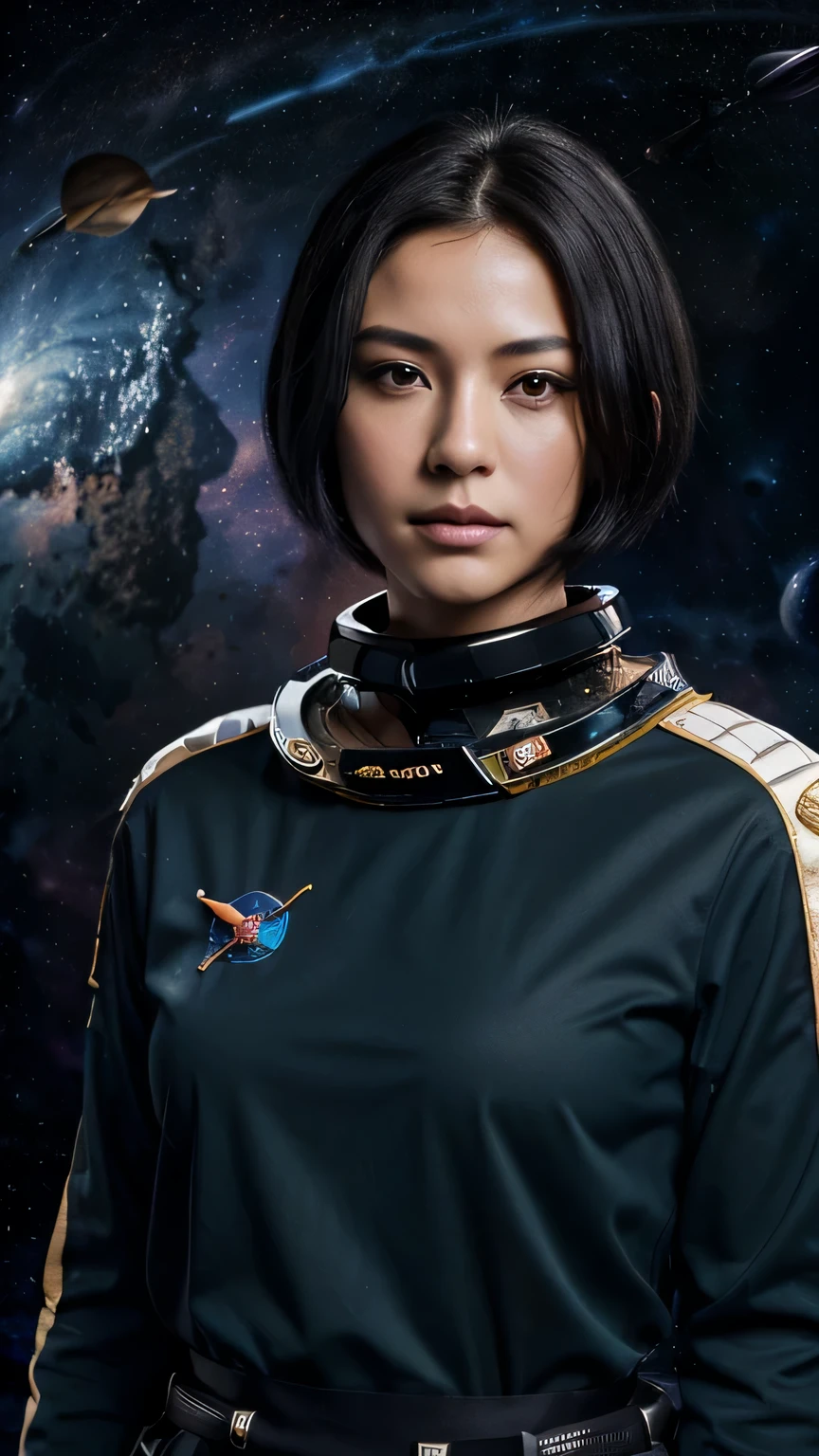 (((space background))), (highest resolution, clear_image), highest quality, masterpiece, very detailed, semi-realistic, woman with shoulder-length black hair, black eye, mature, mature woman, emperor'Sister of, sexy, short hair, triple bang, uniformを着た兵士, uniform, front line of fighter jets, future, SF, (((space background))),