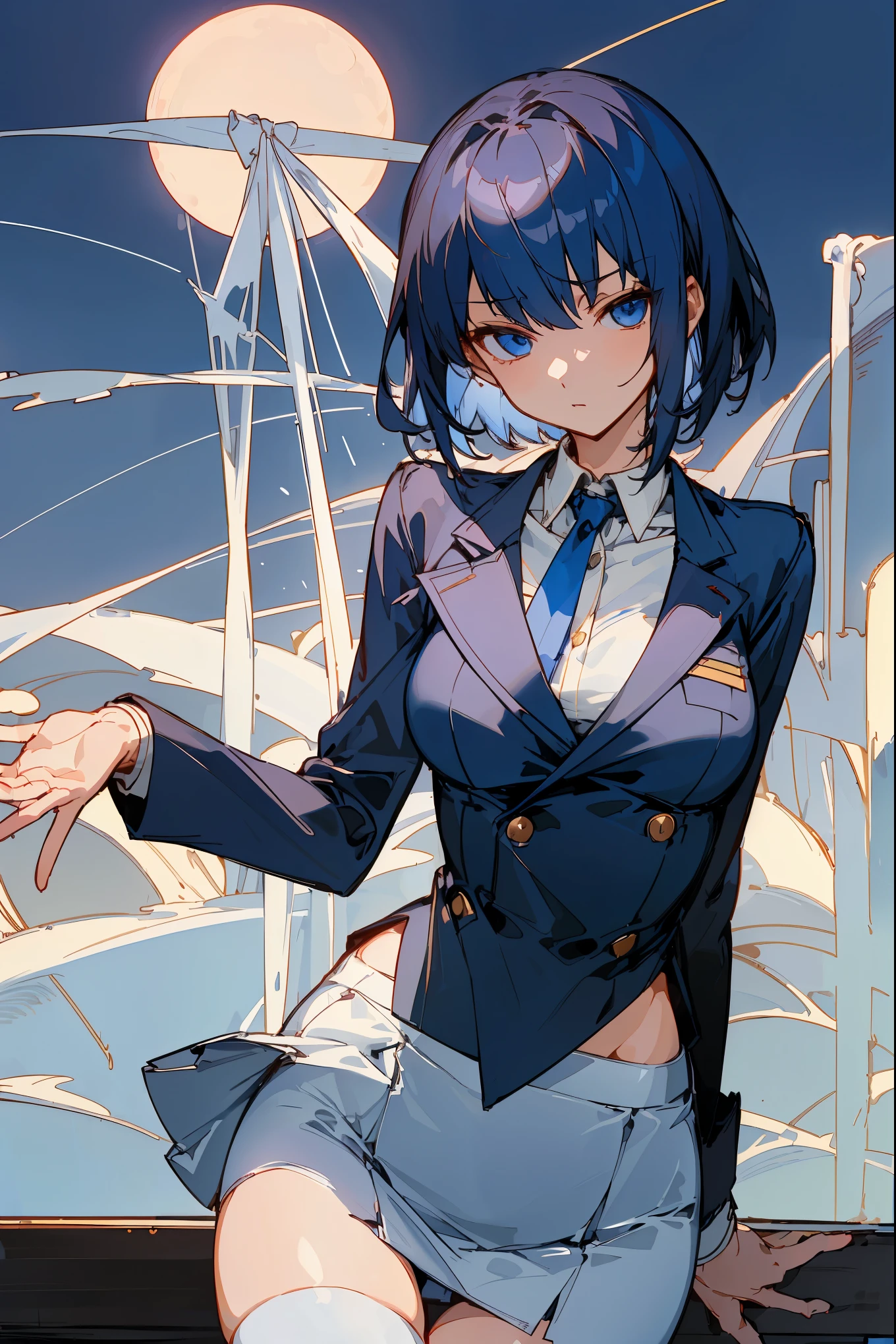 masterpiece,best quality,1woman solo,cowboy shot,20 year old beauty、dark blue hair,short hair,blue eyes,ideal ratio body proportions,slender body,medium breasts,gleaming skin,Perfect Anatomy:1.2,歩く,(navy blue blazer jacket,white tight skirt、mini skirt、thigh_gap, white_thighhighs),((繁華街、大通り、都市、雑踏、ネオン、夜間、東京)),