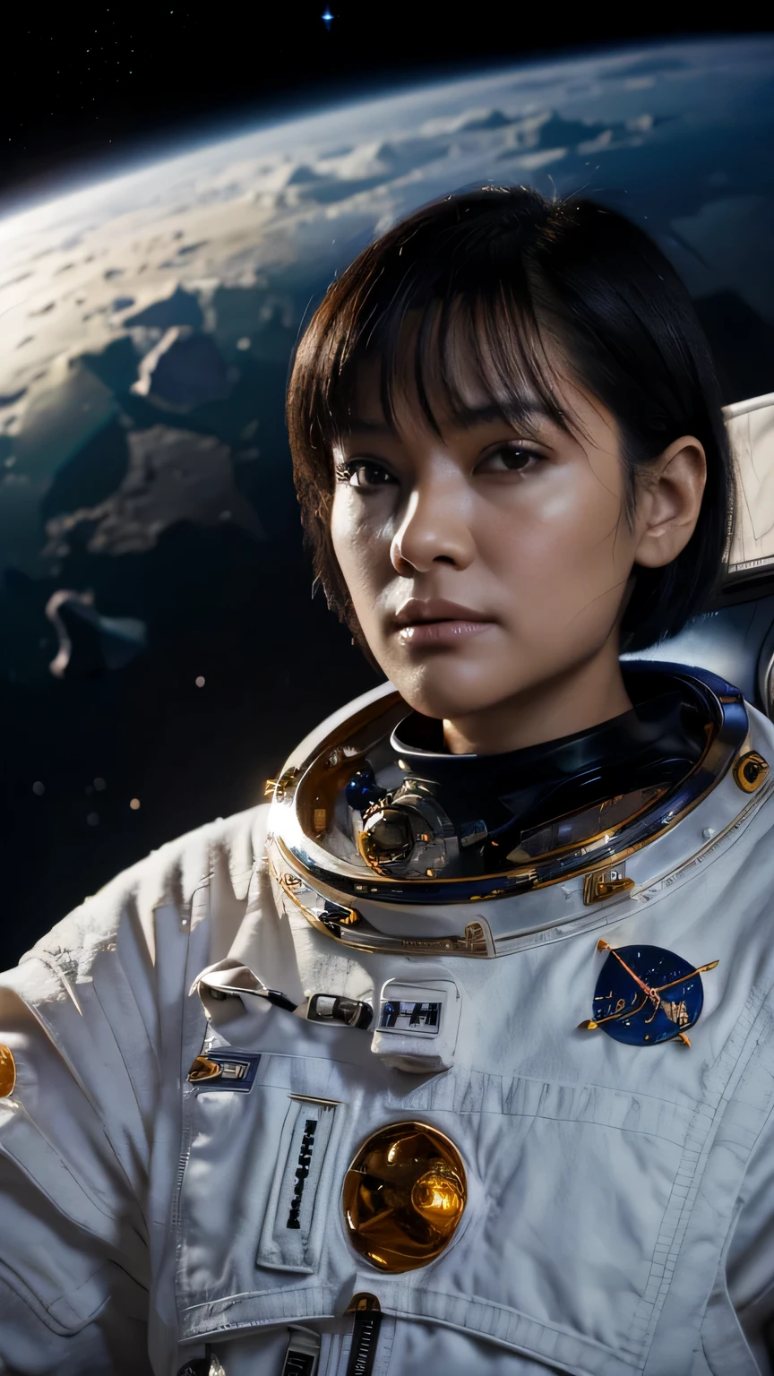 (((space background))), (highest resolution, clear_image), highest quality, masterpiece, very detailed, semi-realistic, woman with shoulder-length black hair, black eye, mature, mature woman, emperor'Sister of, sexy, short hair, triple bang, uniformを着た兵士, uniform, front line of fighter jets, future, SF, (((space background))),