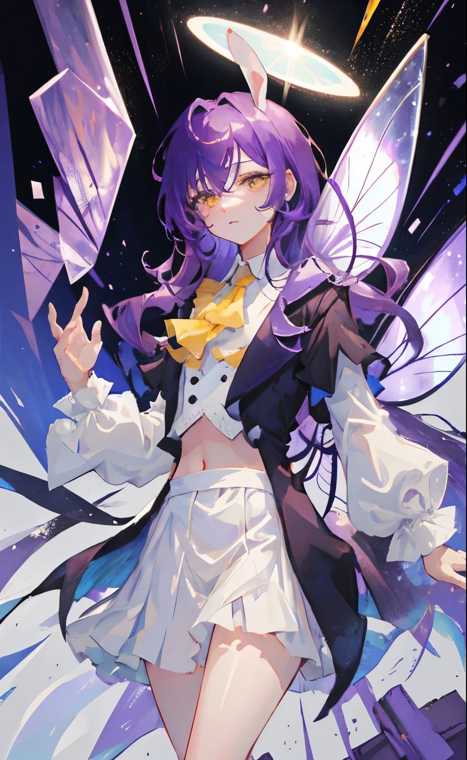 white background, top-quality, character design, concept art, 1girl, androgynous, moe sleepy girl, sheer blouse, magical fairy, revealing butler outfit, cropped tailcoat, sleeveless tailcoat, androgynous, (genshin character:0.5), boyish features, (exposed midriff), white rabbit ears, tired yellow eyes, half-lidded eyes, falling asleep, fairy, purple hair, flat bangs, wavy long hair, (insect fairy wings), tired, young, dynamic pose, fantasy 