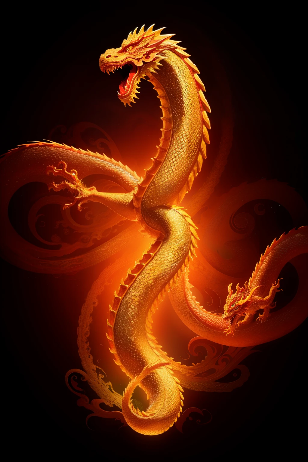 An intricately designed Chinese dragon image in pixels, capturing the essence of ancient mythology. The dragon is depicted with grandeur and power, featuring intricate scales that shimmer in vibrant colors. Its fierce, yet serene expression is accentuated by the deep, focused lighting that gives the image a three-dimensional effect. The dragon's body is adorned with intricate patterns, representing good fortune, power, and prosperity. The image exudes an aura of tranquility and mystique, transporting the viewer to a realm of beauty and wonder. This top-quality, official art piece is sure to add a unique and aesthetic touch to any digital space, making it a true masterpiece.!