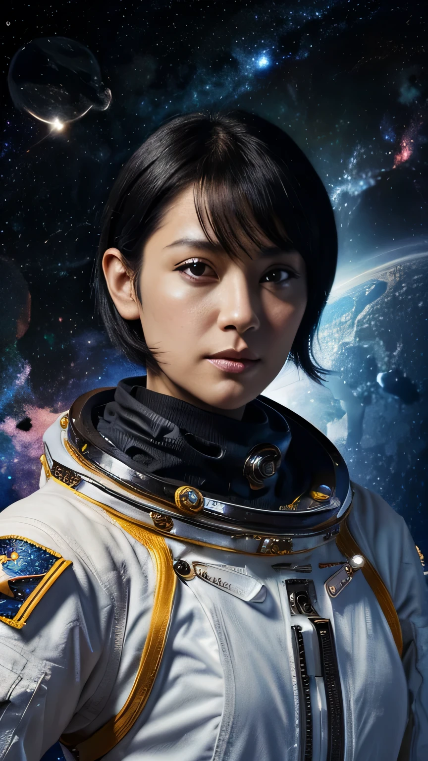 (((space background))), (highest resolution, clear_image), highest quality, masterpiece, very detailed, semi-realistic, woman with shoulder-length black hair, black eye, mature, mature woman, emperor&#39;Sister of, sexy, short hair, triple bang, uniformを着た兵士, uniform, front line of fighter jets, future, SF, (((space background))),