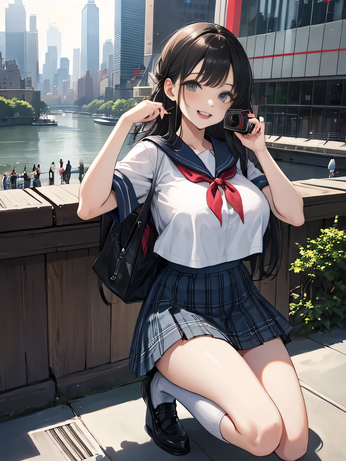 (8k、RAW photo、highest quality)、detailed background、beautiful and detailed face、beautiful and smooth skin、skin texture、professional lighting、Beautiful teenage girl、(three women)、(huge breasts)、sexy uniform、Pleated mini skirt with tartan plaid pattern、side pony、ponytail、cute hairstyle、ニーhigh socks、high socks、 selfie、school trip、Touch my chest playfully、laughter、smile、sexual expression、sydney、Australia、Opera House、harbor bridge、darling harbor、bondi beach 、You can also take photos with famous landmarks and symbols of your travel destination.、underboob、panty shot
