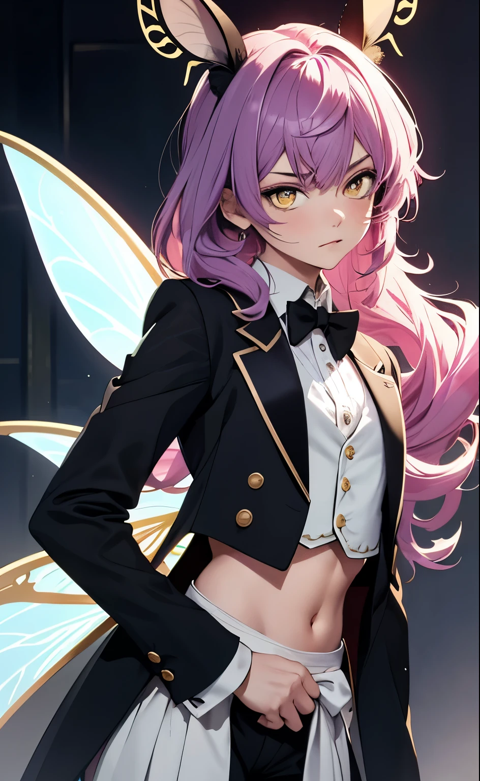 fantasy, masterpiece, top-quality, 1girl, androgynous, innocent sleepy girl, revealing butler outfit, cropped tailcoat, androgynous, boyish features, (exposed midriff), white rabbit ears, tired yellow eyes, fairy, dusty purple hair, flat bangs, wavy long hair, (insect fairy wings), tired, young, dynamic pose