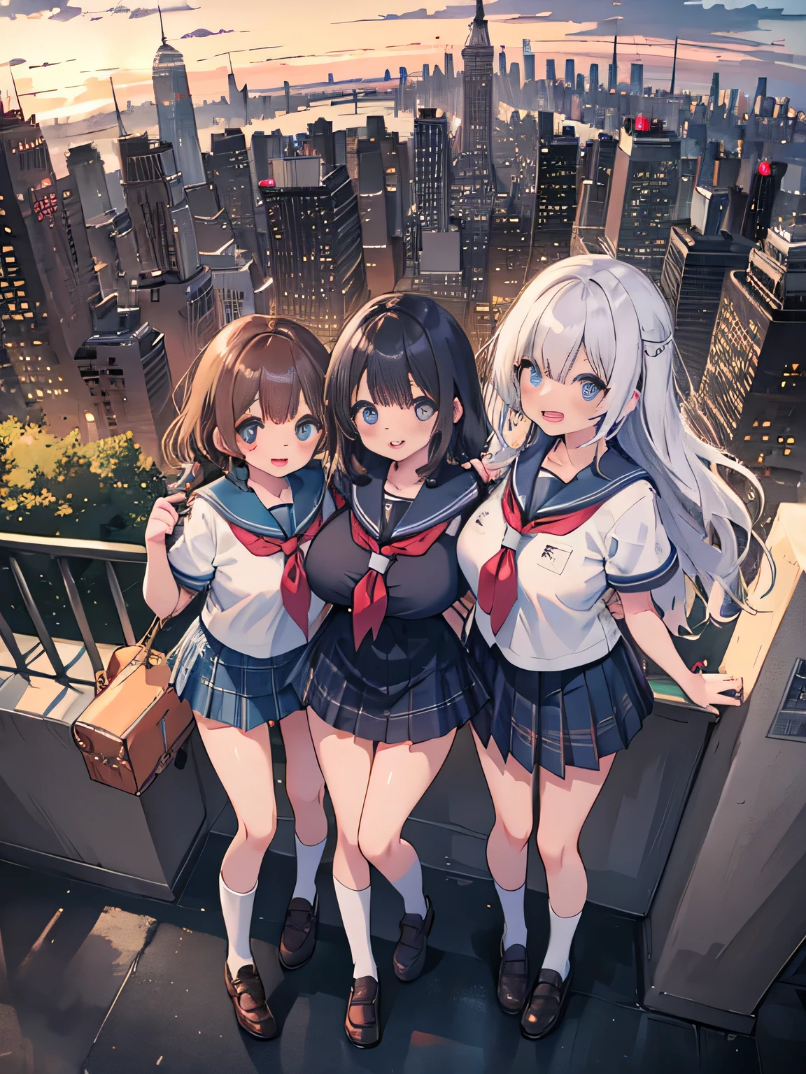 highest quality、High resolution、detailed background、beautiful and detailed face、beautiful and smooth skin、skin texture、professional lighting、Beautiful teenage girl、((three women))、(huge breasts: 1.2)、
short sailor suit、Pleated mini skirt with tartan plaid pattern、cute hairstyle、白いニーhigh socks、high socks、
school trip、laughter、smile、sexual expression、panty shot、
new york、statue of liberty、Empire State Building、Times square、central park、
You can also take photos with famous landmarks and symbols of your travel destination.、Take group and individual photos at famous tourist spots、
Enjoy panoramic views、Pose with buildings and landscapes in the background