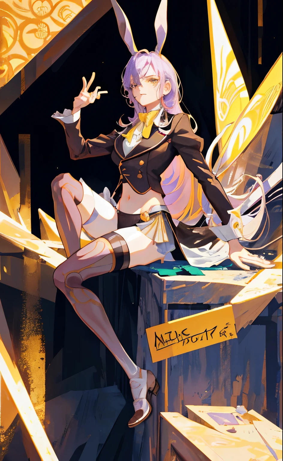 (Photorealistic:1.3), ​masterpiece, top-quality, (intricate details:1.2), 1girl, androgynous, leotard, revealing butler outfit, sexy revealing outfit, cropped tailcoat, thigh high socks, androgynous, boyish features, (exposed midriff), white rabbit ears, tired yellow eyes, fairy, dusty pale purple hair, flat bangs, wavy long hair, insect fairy wings, tired, eerie lighting, young, dynamic pose