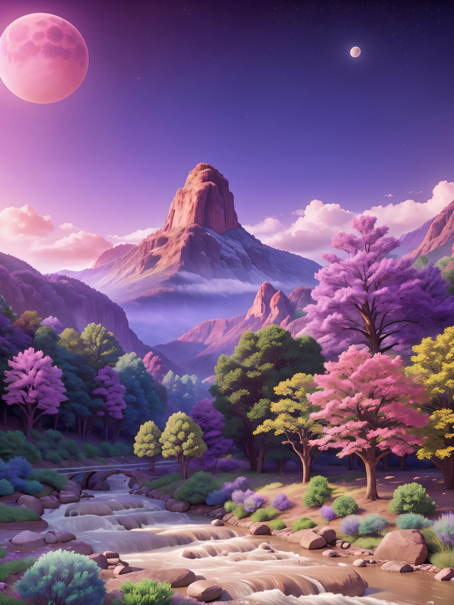 A picture of with trees, mountains, and a river, except the trees have purple leaves, the mountains are blue, and the river is pink, on a planet with two moons and a ring system, alien and surreal digital art