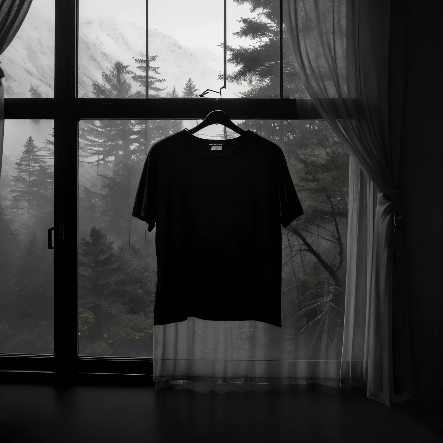 A black t-shirt on a hanger in front of a window of a blacked out bedroom inside a blacked out modern mansion Hidden in the middle of the trees with a view of the mountains on a foggy day, Black Aesthetic