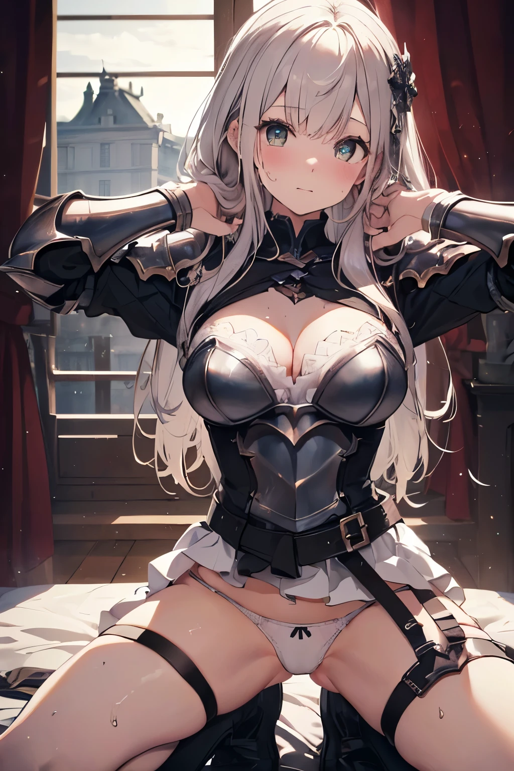 (official art、highest quality、Unity 8k wallpaper、32K、masterpiece、super detailed、超high resolution、realistic、Photoreal:1.2)、(cinematic lighting:1.2)、fire glow effect、film grain、best shadows、rim lighting、side light、(Super detailed and complex 3D rendering)、swiss countryside、very beautiful background、detailed beautiful face and eyes、(Beautiful and sharp pupils)、masterpiece, high resolution、highest quality, ultra high resolution, maximum resolution, very detailed, professional lighting, beautiful skin, 28 year old woman、silver hair、Hololive、((((Shirogane Noel、knight、armor、warrior、standing knee、Kneeling、kneel down、dress lift、skirt lift、lift the skirt yourself、royal palace、royal palaceの寝室、Castle、Sheer side tie panties))))、spread your legs a little、((((Showing off white thin side panties、Stained panties))))、(((sexual excitement、blush、Very embarrassed、Sweat)))、((((super low angle))))、((accurate human body structure))