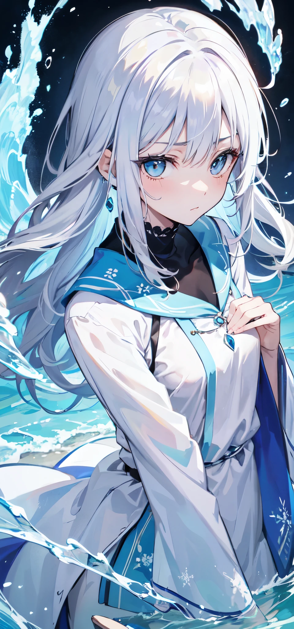 anime girl with long white hair and a blue dress looking at a wave, the piercing stare of yuki onna, frozen tear, white haired deity, it has a piercing gaze, really close, frost clings to her skin, white haired lady, white haired
