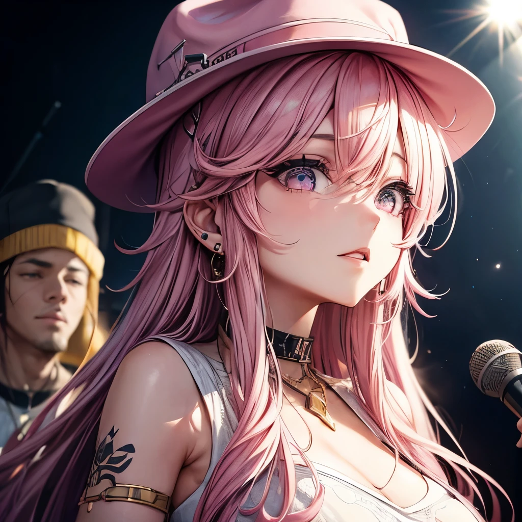 rapper、wearing a hat、hip hop singer、light pink hair、one beautiful woman、has piercings、