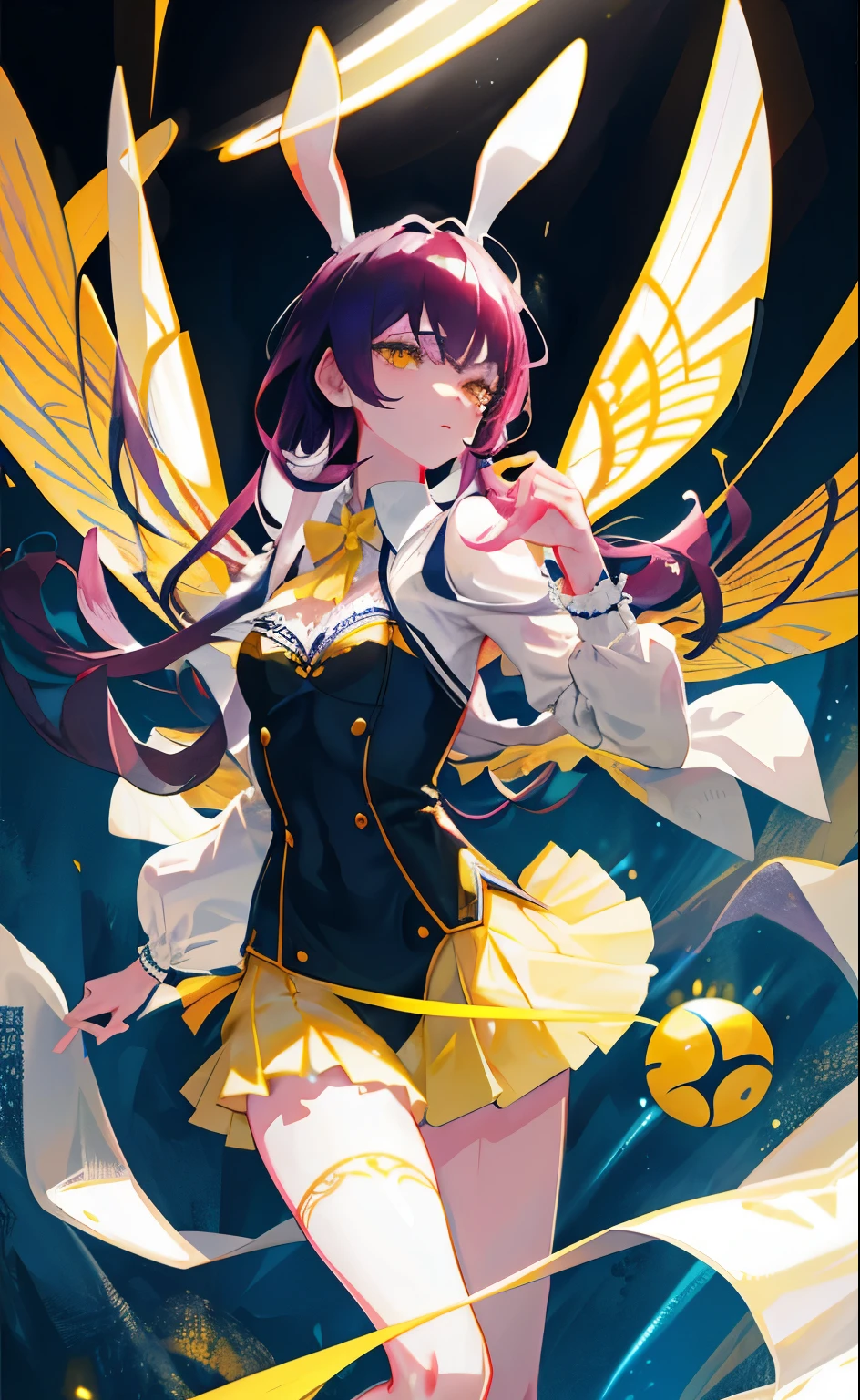 (Photorealistic:1.3), ​masterpiece, top-quality, (intricate details:1.2), 美丽的面容, 1girl, exposed skin, revealing butler outfit, sexy revealing outfit, cropped tailcoat, androgynous, boyish features, white rabbit ears, tired yellow eyes, fairy, dusty pale purple hair, flat bangs, wavy long hair, yellow insect fairy wings, tired, eerie lighting, young, dynamic pose