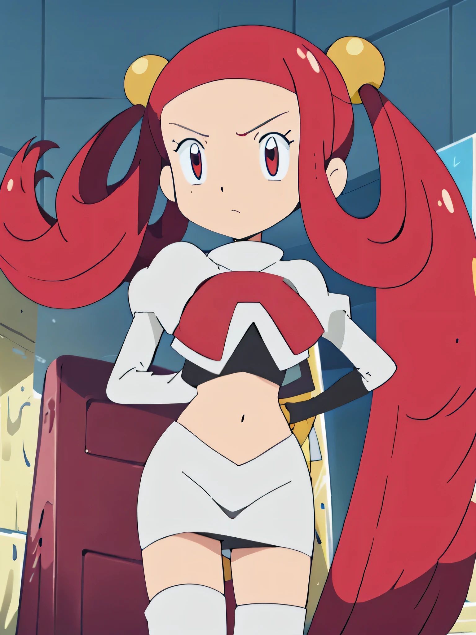 8k, ,1girl in, (solo:1.1), (perfect body:1.1), (best quality:1.1), very large breast, team rocket uniform, red letter r, white skirt,white crop top,black thigh-high boots, black elbow gloves, glaring angrily, looking down at viewer, hands on hips,zettai ryouiki,cowboy shot, Mira