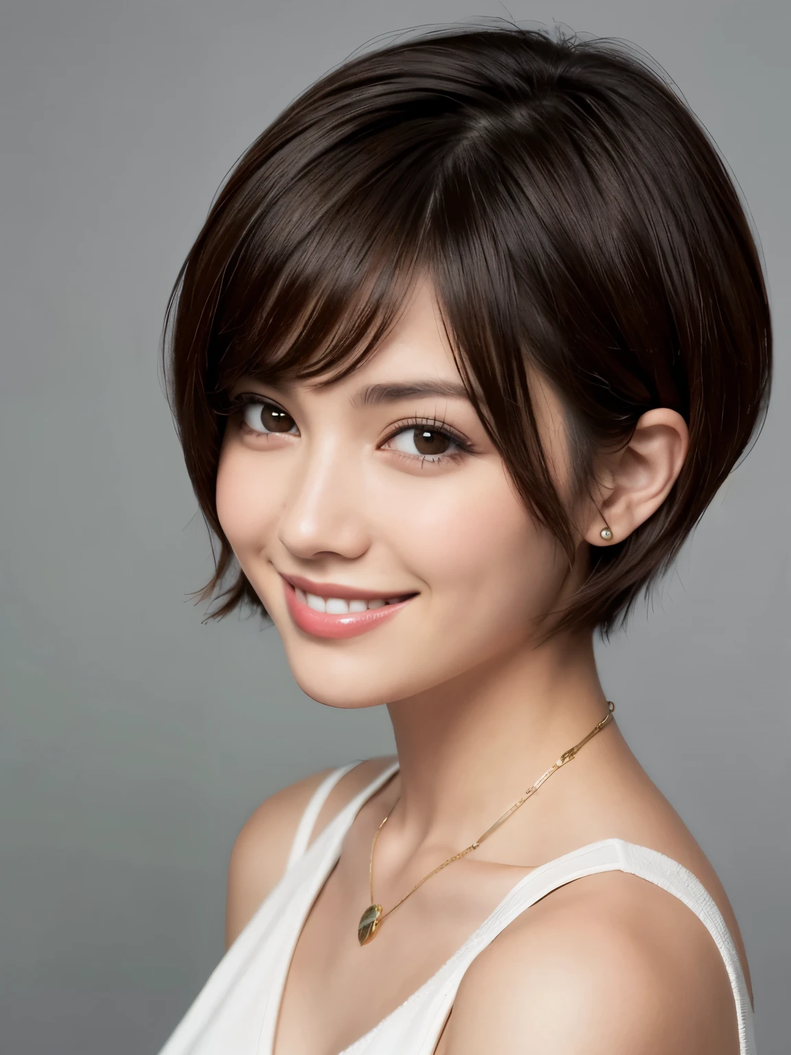 A woman with very, very, very short hair, smile, uneven hair, short hair