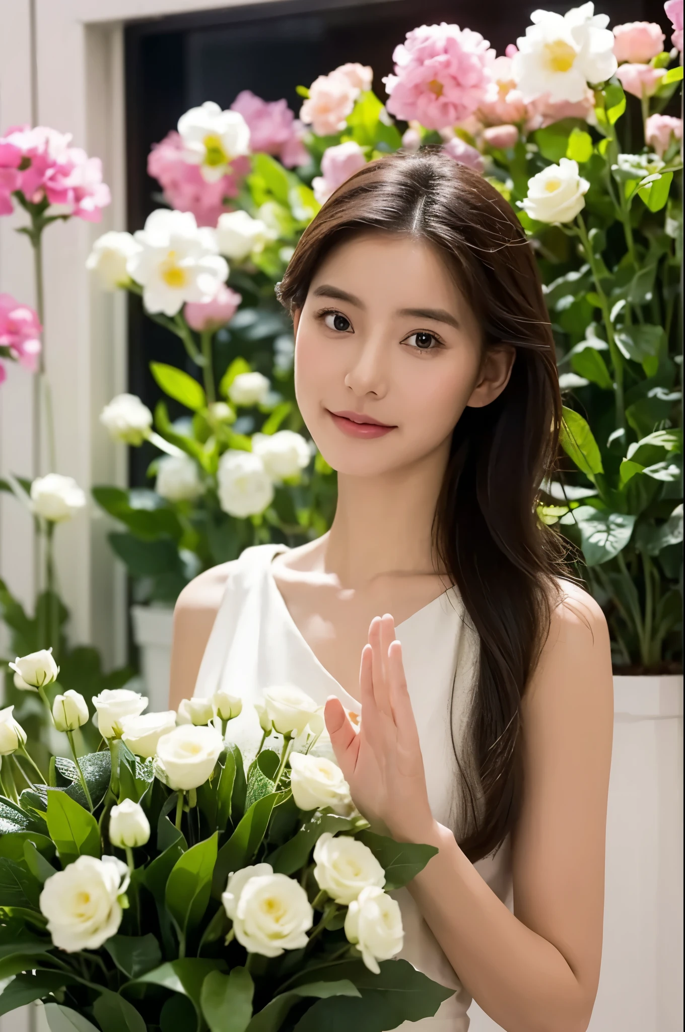 masterpiece, best quality, extremely detailed, hyperrealistic, photorealistic, a pretty woman working at flower shop:1.2, waving hand, perfect fingers, saying hi, looking at the viewer