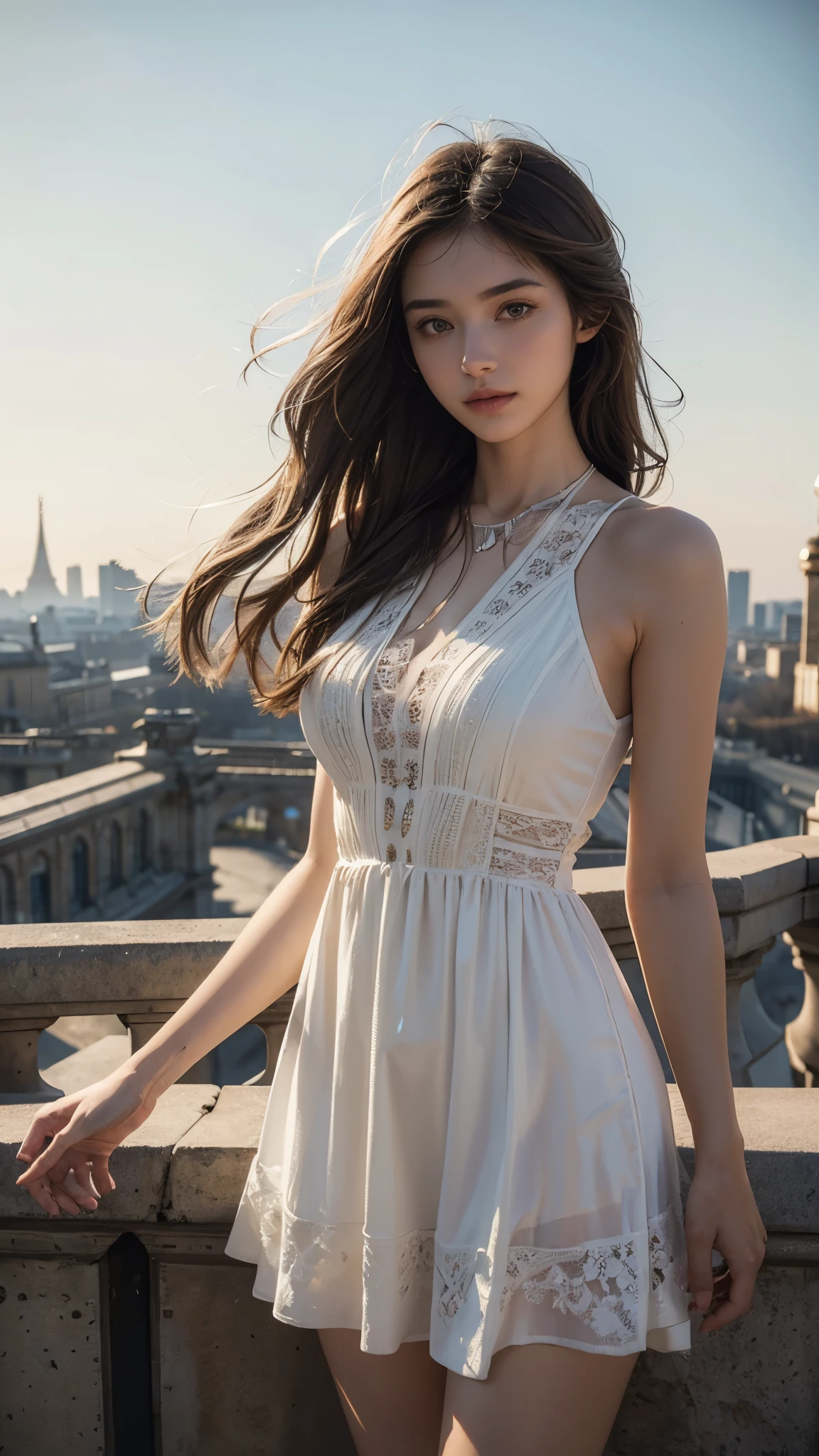 (8k, born, Professional, highest quality, masterpiece:1.2), (realistic, photorealistic:1.4), (anamorphic lens), (Lens flare), (exposed for a long time), (most detailed skin:1.2), (most detailed face:1.2), cinematic lighting, 1 girl,22 years old, standing on top of the eiffel tower, wearing a flat white dress, at night, warm white light, (the wind is strong), look at the camera