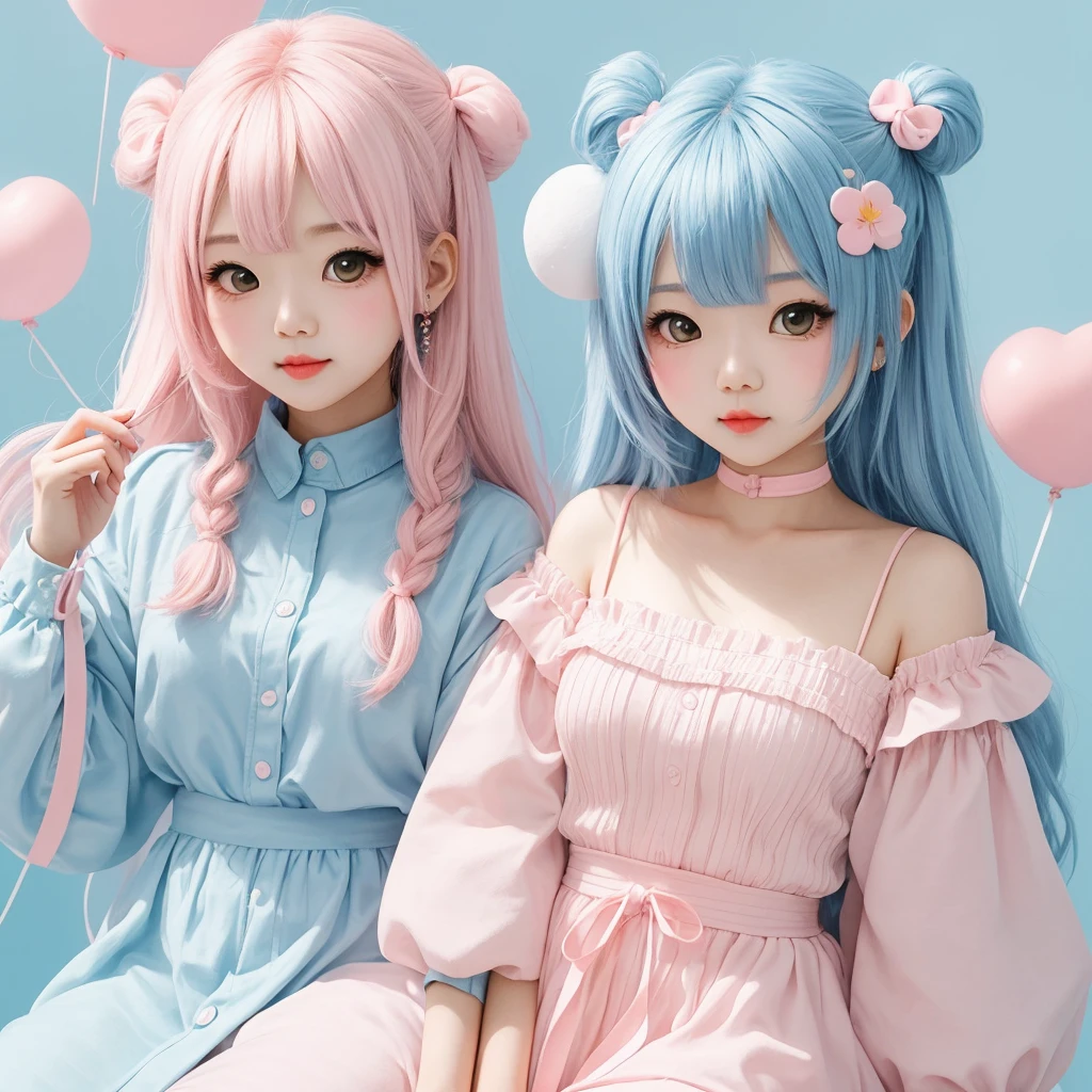 Cute girl made of marshmallow, chibi character, light pink, light blue, light yellow looks good,