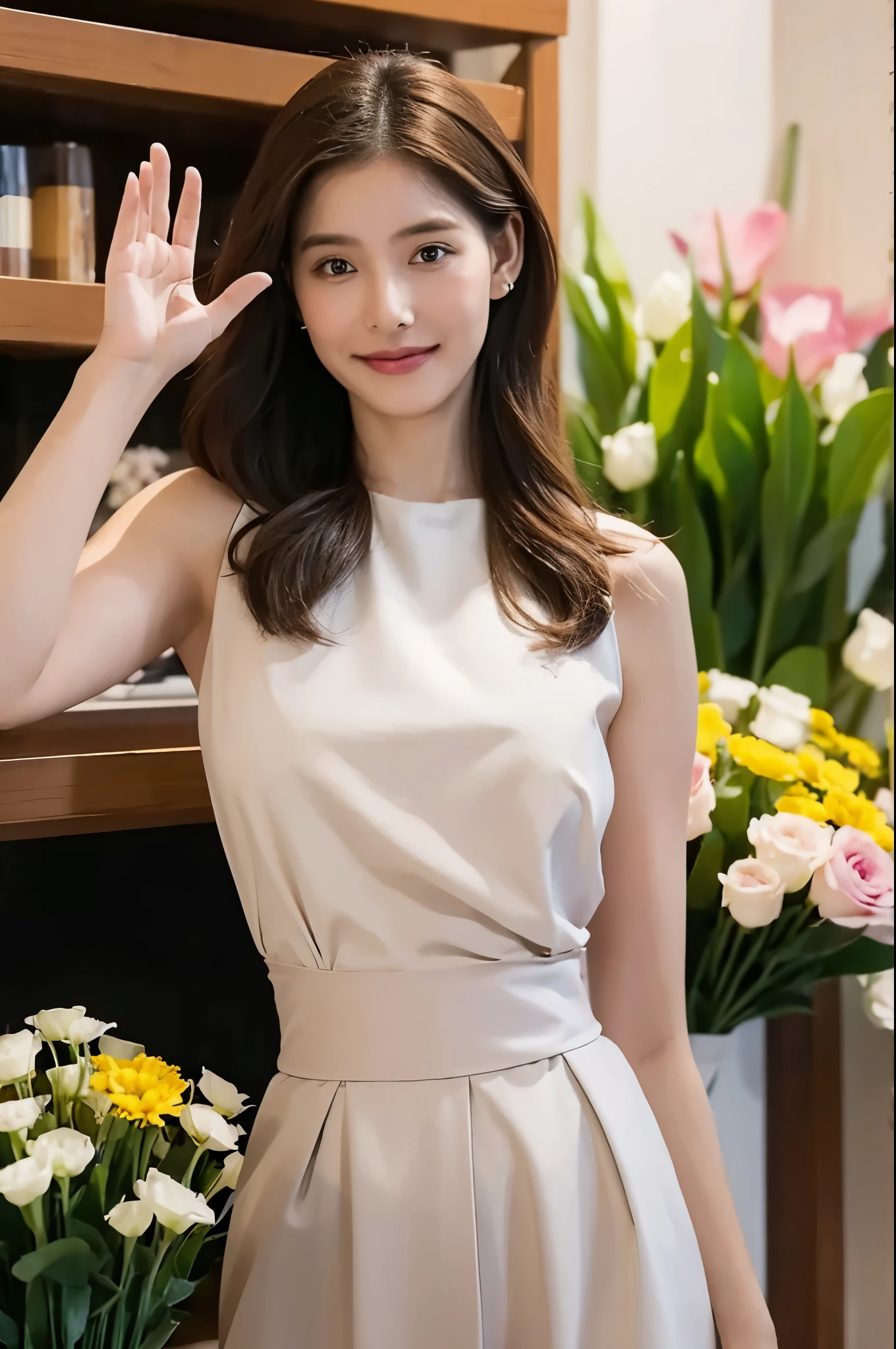 masterpiece, best quality, extremely detailed, hyperrealistic, photorealistic, a pretty woman working at flower shop:1.2, waving hand, perfect fingers, saying hi, looking at the viewer