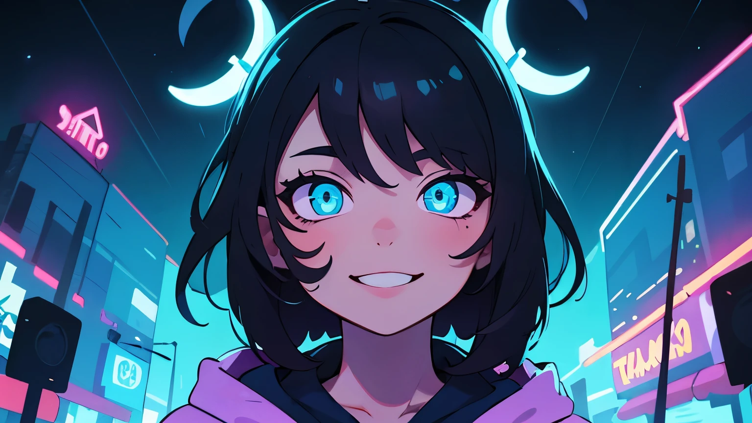 ((best quality)), ((masterpiece)), (detailed), perfect face, detailed background, masterpiece, best quality, smile, ornament, hoodie, portrait, blue neon, graffiti, dark, night, glowing eyes, blacklight