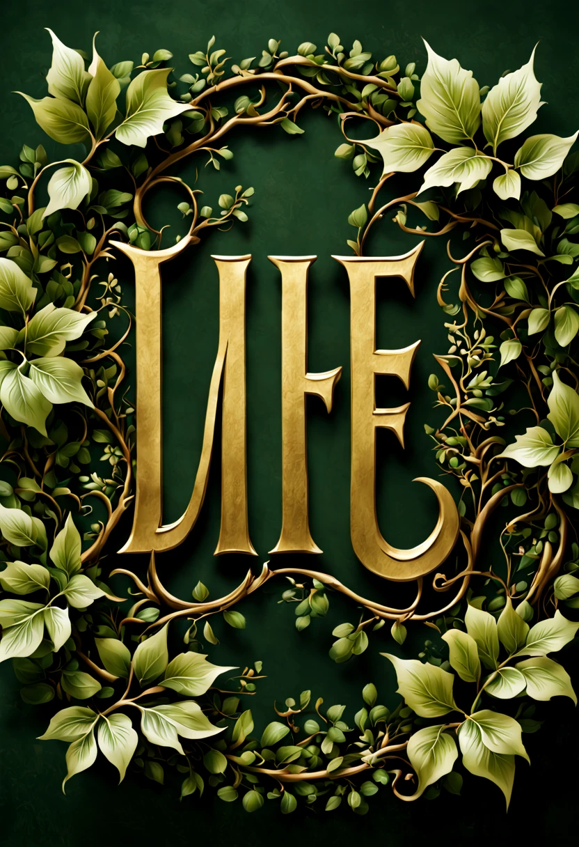 Font design bright and clear text symbols "Life", The artistic font design creative master meticulously describes the intricate details of leaves and vines in extreme detail., masterpiece, beautiful. lifelike, 原始图像masterpiece, anatomically correct, Best quality photo quality.ultra high definition