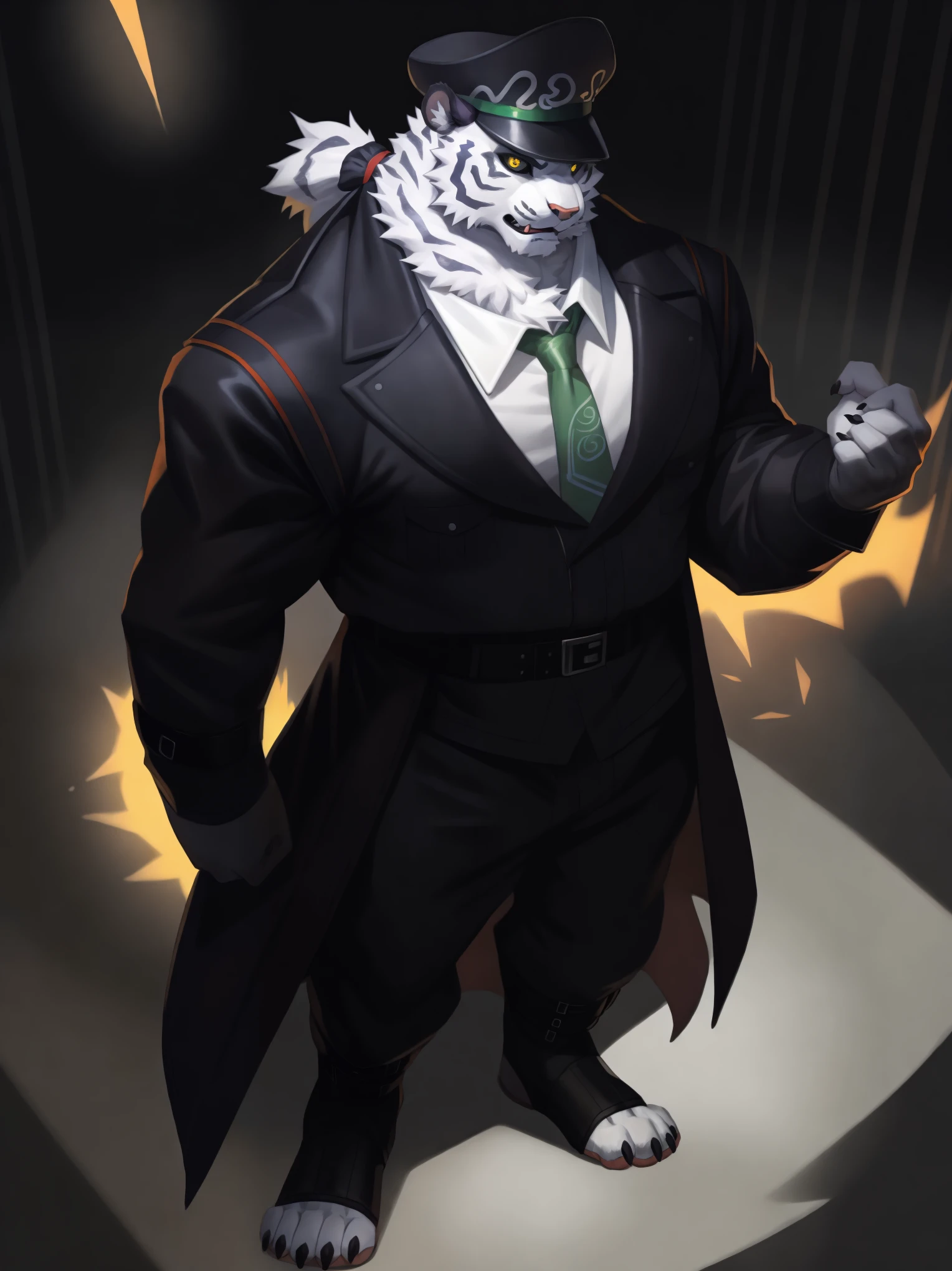 solo,anthro,furry,furry male, tiger,((fluffy fur,fluffy,furry body)), scars, Tiger print), white body, grey stripes. yellow glowing eyes,black sclera, tail,detailed fluffy fur,detailed face,detailed eyes, hat, jacket, white shirt, ponytail, collared shirt, belt, uniform, coat, black headwear, facial hair, fangs, military hat, toeless legwear, green necktie, coat on shoulders,,full body, claws, cyberpunk,(by null-ghost,by raccoon21,masterpiece,high quality,hi res,8k hd),standing,close-view portrait,looking at viewer,night,indoor,black clothes, menacing, teeth, ,angry, dark shadows, detailed eyes, detailed clothes, 5 fingers.