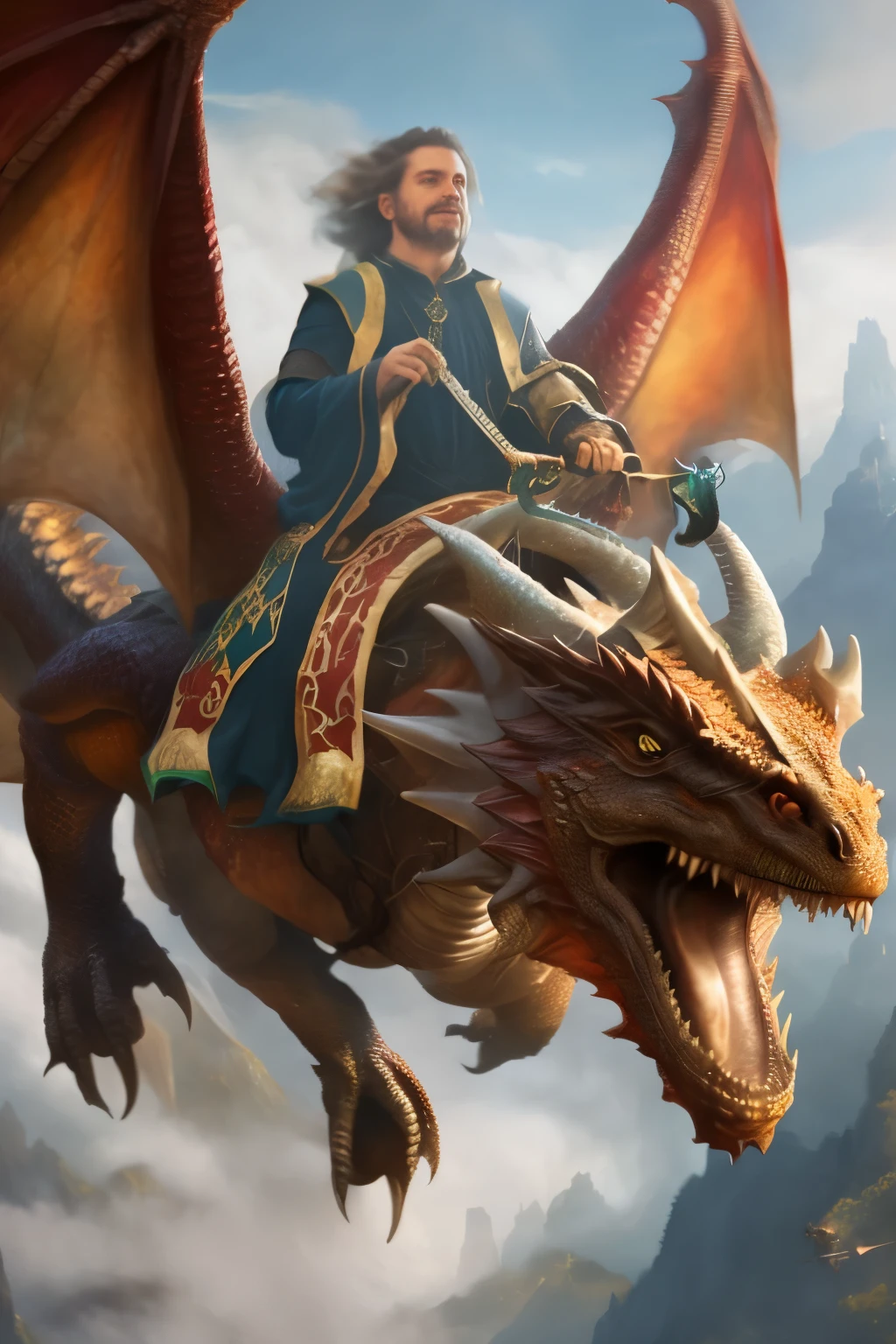 there is a man riding a dragon, dragon rider, fat dragon with rider, hyperrealistic d & d fantasy art, charging through a dragons lair, realistic fantasy illustration, fantasy rpg book illustration, epic fantasy novel cover art