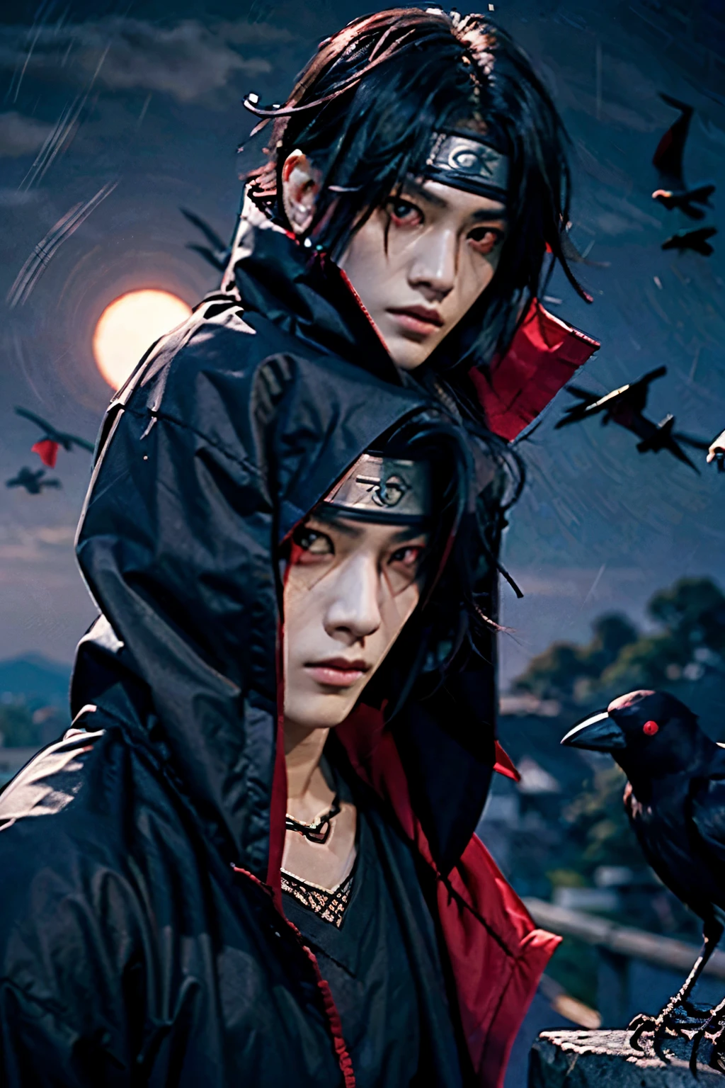 itatchi red eyes sharigan eyes nightime background crows 1 person looking at camera hidden leaf headband