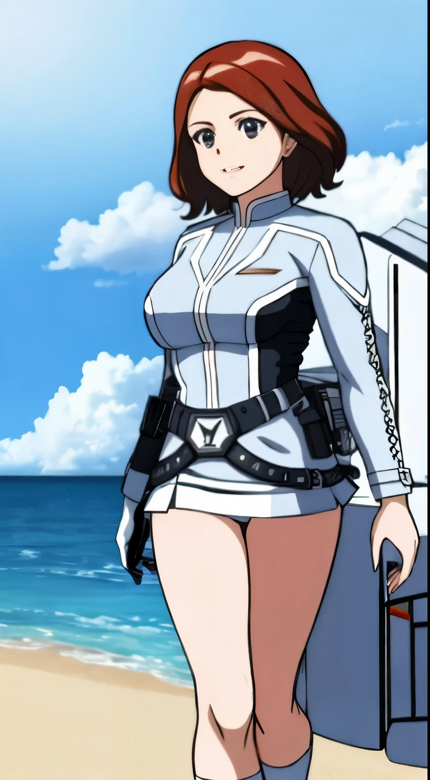 Ultra Seven member Anne、mini skirt、Ultra Guard Uniform、mini skirtバージョンの制服、white panties、beautiful woman、Anime girl in a white suit standing on the beach near the sea, shiny white armor,white panties、 blowjob white mecha, marin kitagawa fanart, Spy x Family Anya, official art, official character art, !!full body portrait!!, future anime girl, portrait anime space cadet girl, perfect anime cyborg woman, Highly detailed exquisite fan art, different suit, shinkai makoto