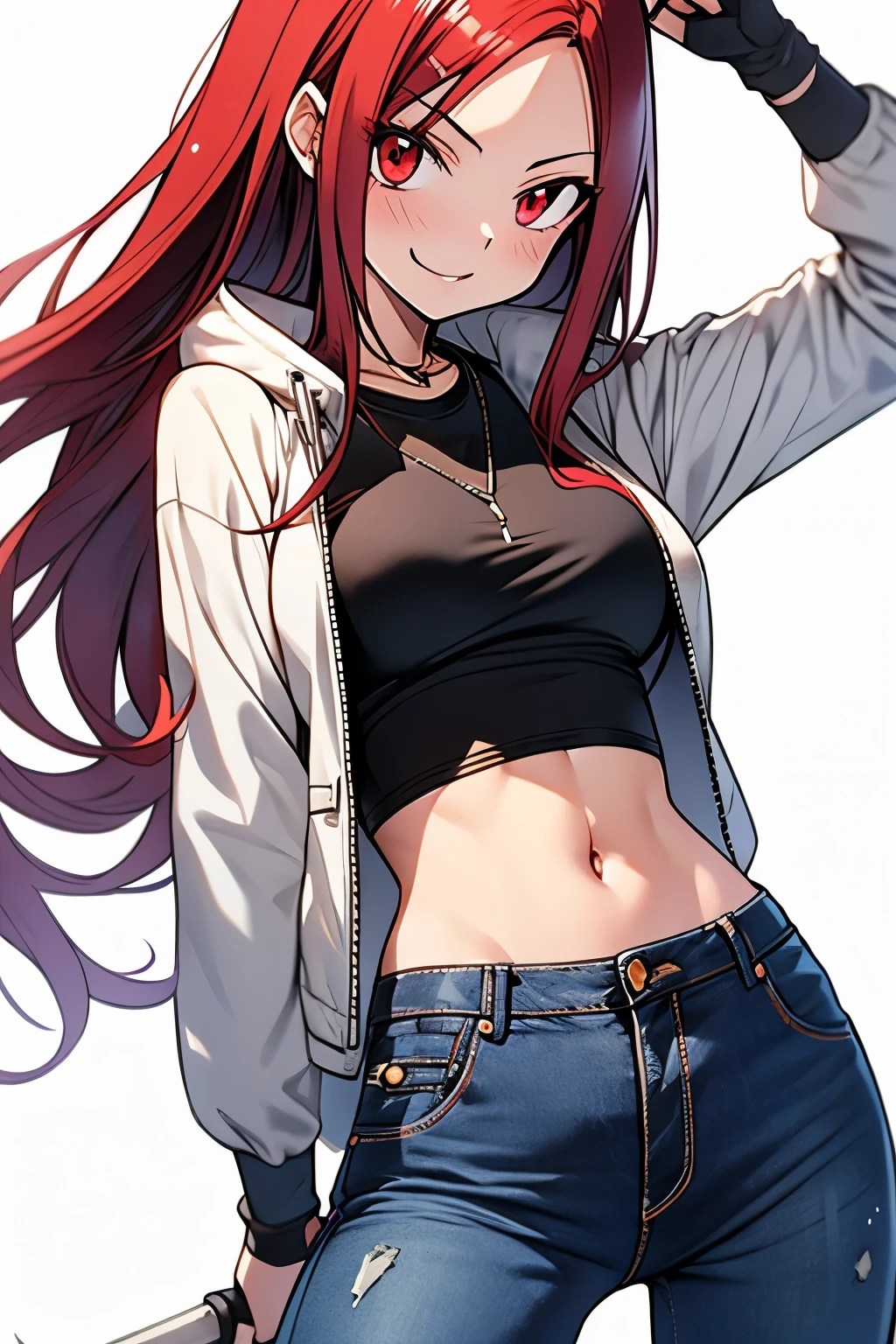 Erza scarlet, Erza from fairy tail, wearing a white jacket, black t-shirt, jeans pants, fingerless black gloves, 