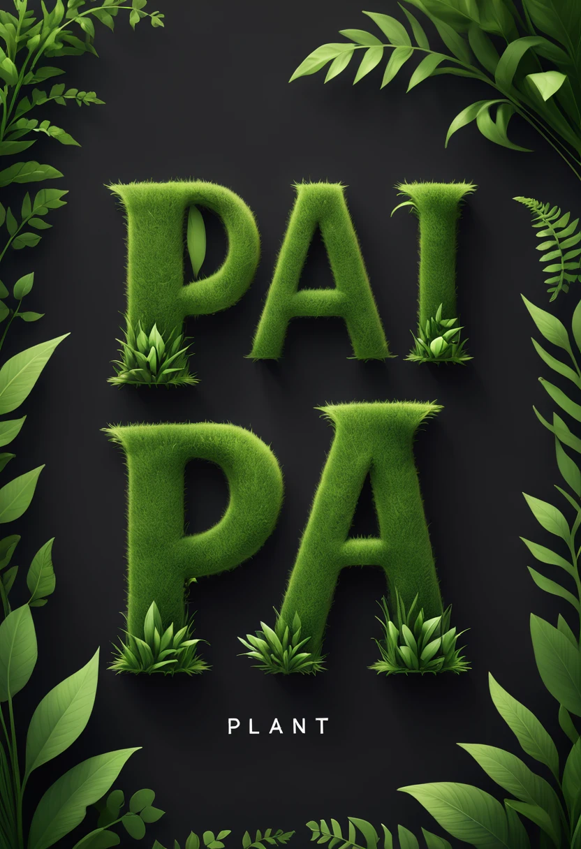 Logo "plant", text as "plant", creative Font Design, typeface, spirit of Grass, Message card design, magical letter-shaped animals, magical creatures, txt says "plant"