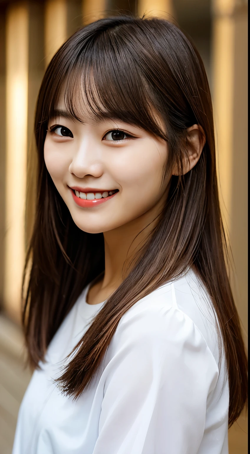 Woman with boyish hairstyle, smile, uneven hair tips