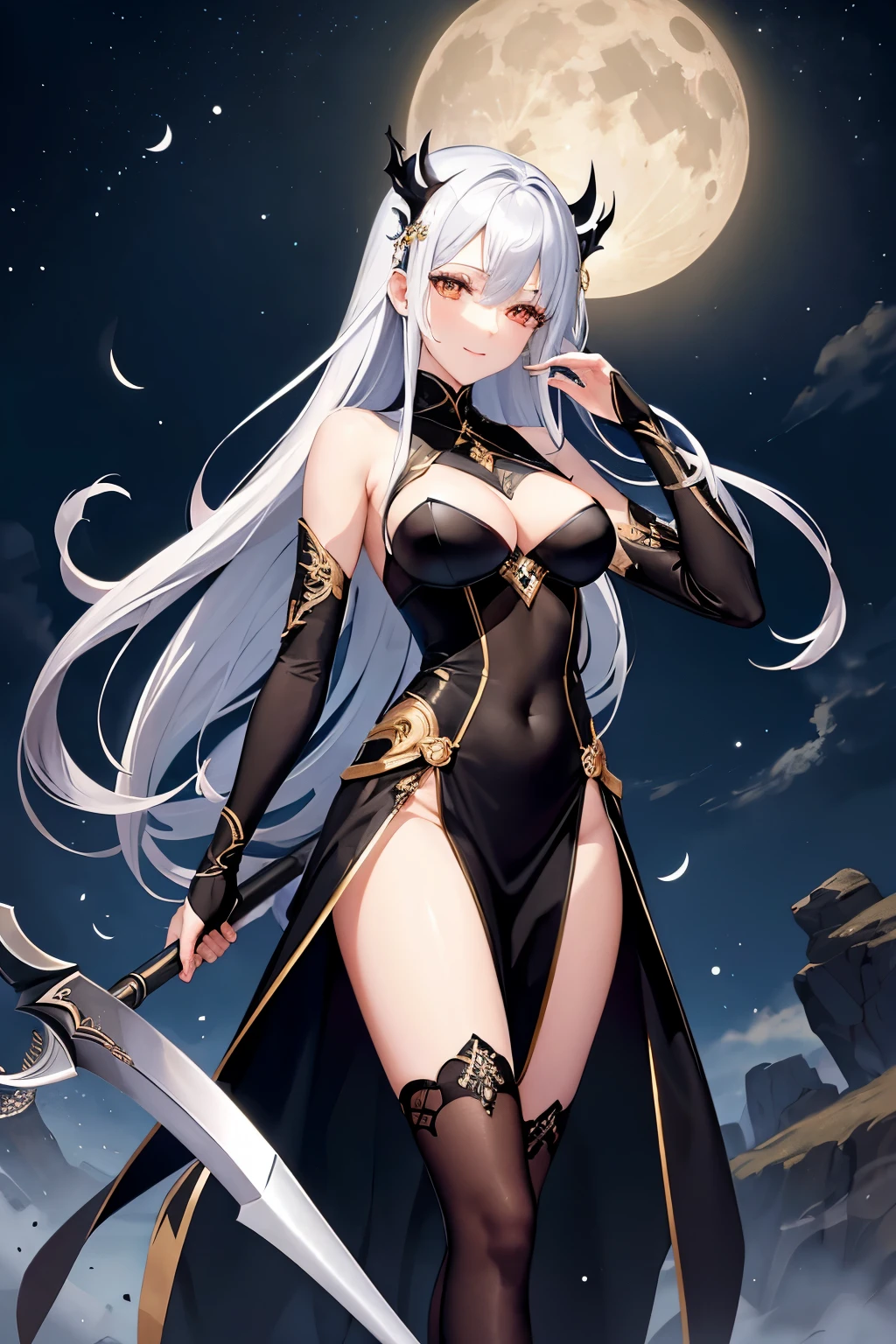 （high quality、masterpiece、detailed、normal body）A beautiful girl with a death scythe in her right hand:1.4、Executioners、She has silver hair that is dyed black towards the tips.、Golden eyes emit a mysterious light、Wearing a mysterious black robe、wearing a white skirt:1.2、racy costume、transparent costume:1.3、The moon phases are lined up behind、smiling shyly、Crescent moon crest on forehead、He has a long-handled scythe:1.5、The right half of his face is covered with a mask