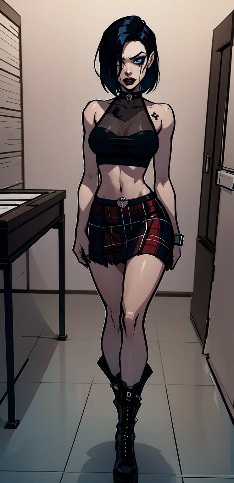a woman with short black hair, hair on shoulders,  wearing a black cropped  and plaid skirt, blue eyes, zombie art, gothic art, cute aesthetic with vibe, toon aesthetic, wearing red costume, wearing gothic accessories, look like Cassie Hack, whole body, walking on the floor, black boots, white background