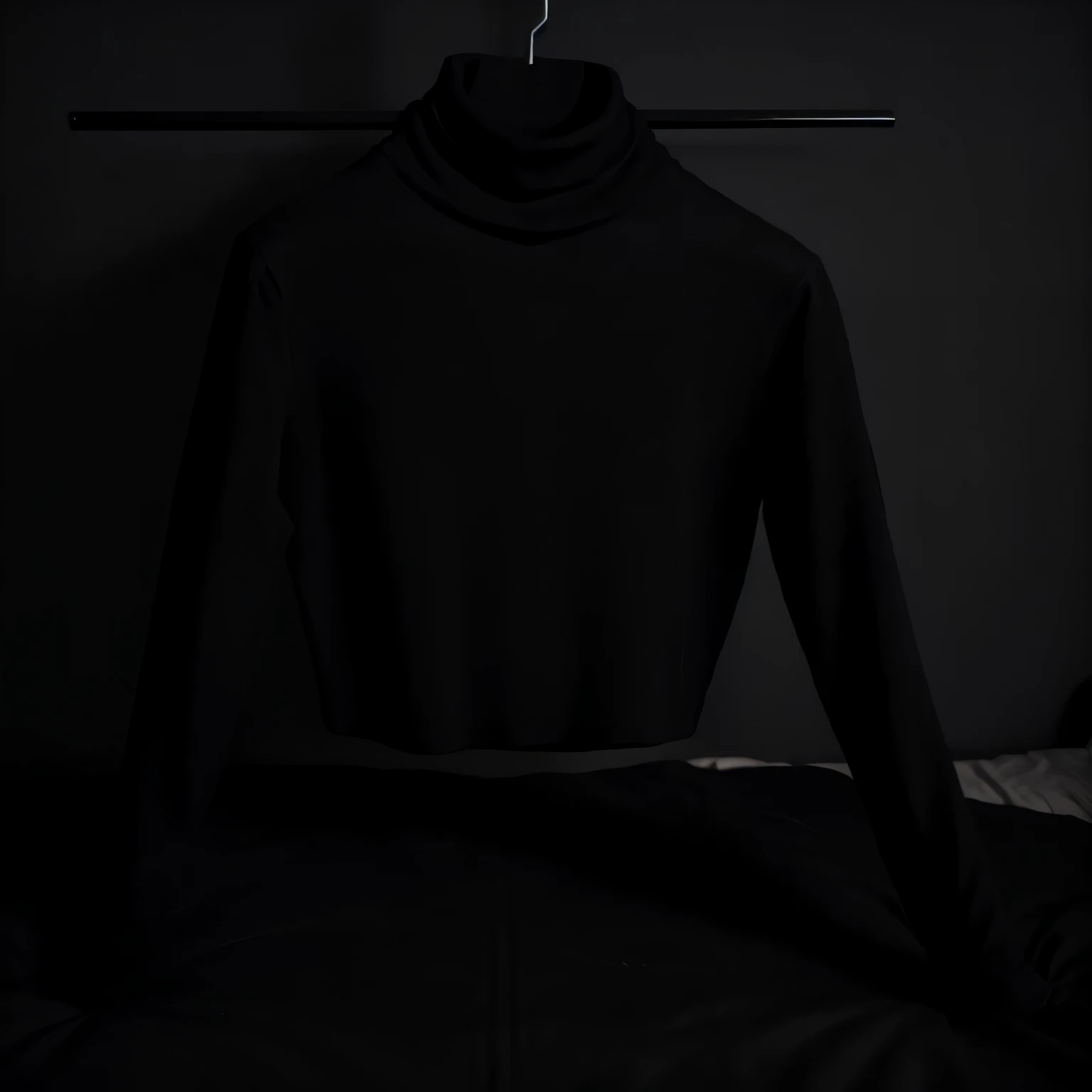 black turtleneck on a hanger on top of a black bed in a black modern bedroom, Dark Aesthetic, black aesthetic luxury