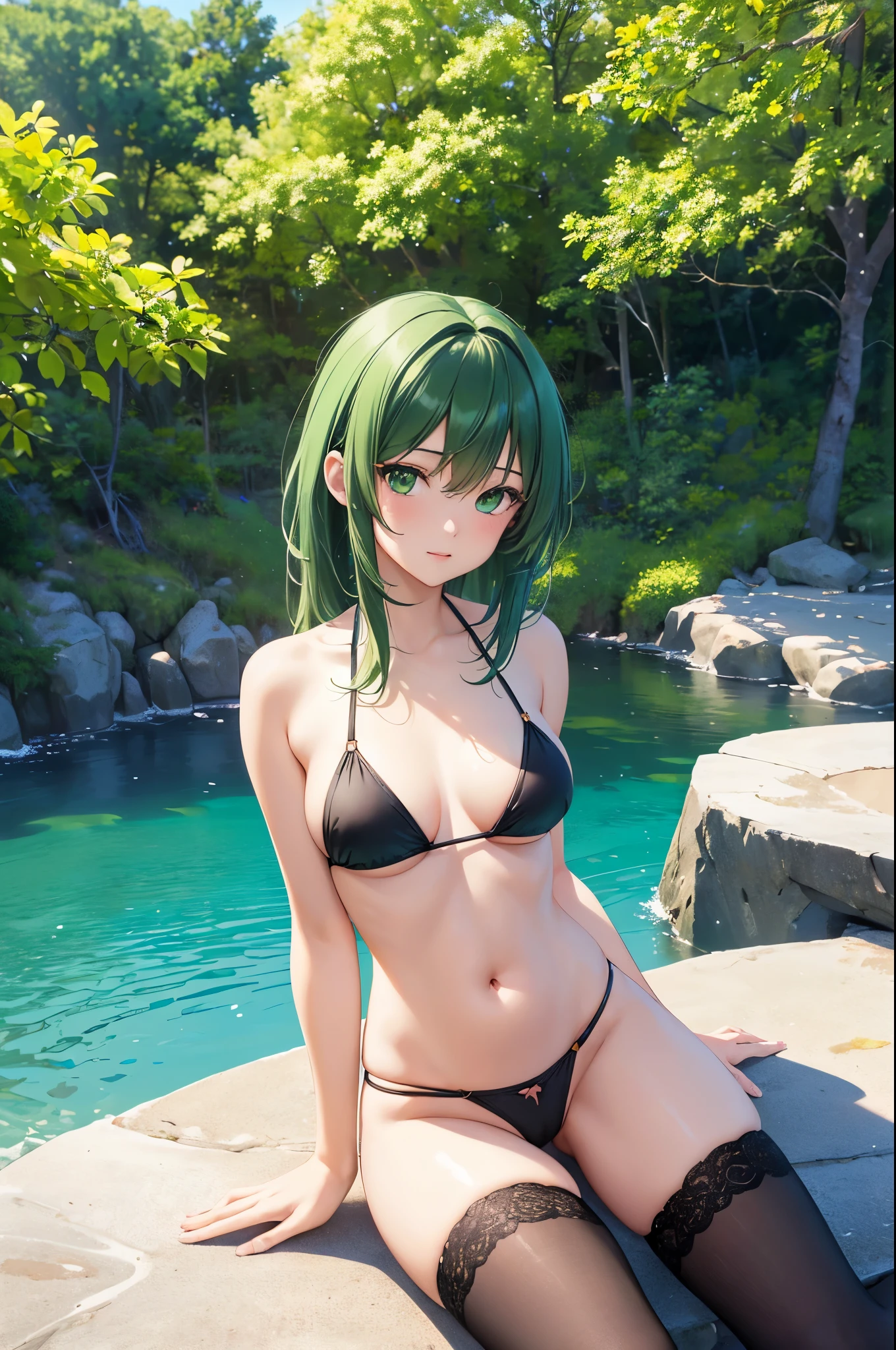 (masterpiece),4k, (ultra realistic), (best quality), (high detailed face),sexy, 1girl, a beautiful japanese girl standing nearby the lake, slim, long legs, (bikini), (flat chested), (black stocking), (pubic hair), (green hair, green eyes), (from above view), anime